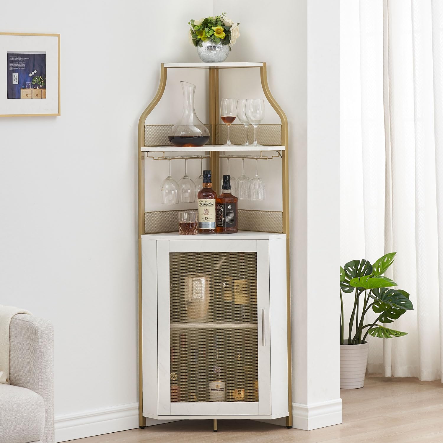 Premium Corner Wine Bar Cabinet - Large Storage Space, Removable Wine Rack & Glass Holder, 4-Tier Liquor Cabinet with Mesh Door - Gold Finish | Perfect for Home Bars, Kitchen Storage & Entertaining Guests