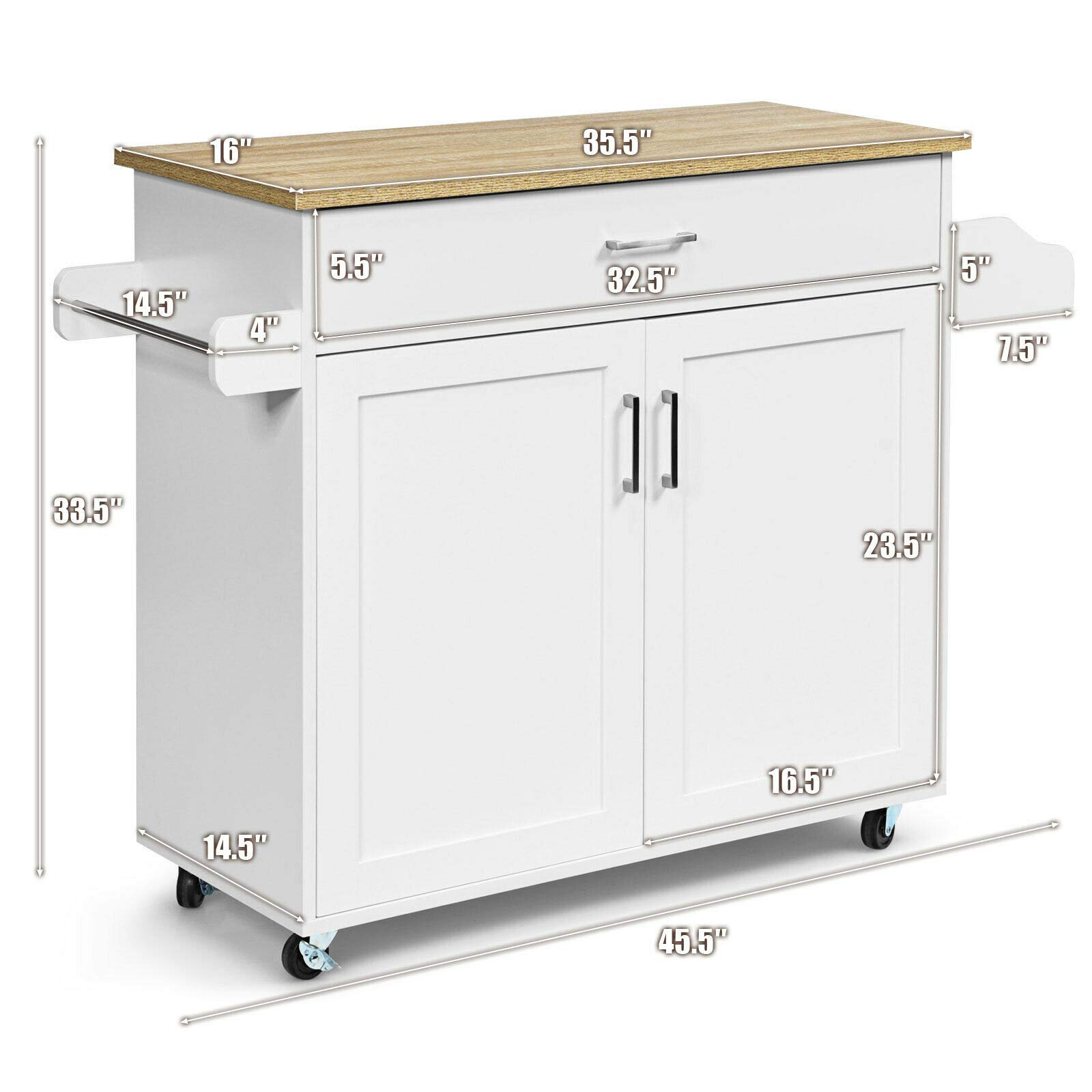 White Rolling Kitchen Island Cart with Spice Rack - 1 Drawer & Cabinet Storage, Spacious Countertop for Kitchenware, Wine & Dinnerware - Perfect for Small Kitchens, Entertaining & Spice Organization