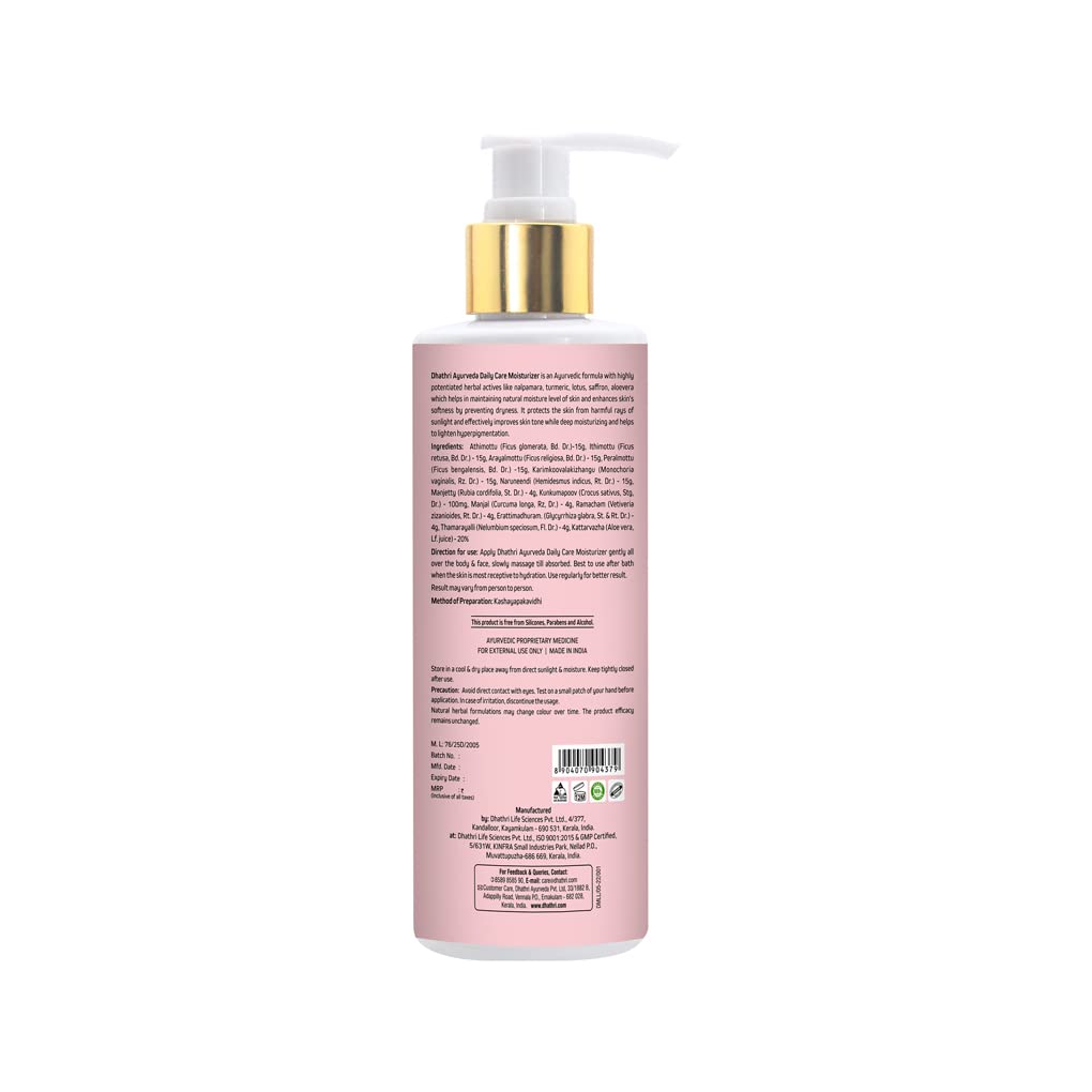 Dhathri Daily Moisturizing Lotion with SPF 20+ for Soft & Smooth Skin | Deep Nourishment & Hydration | Paraben-Free & Chemical-Free | 200ml | Perfect for Daily Skincare Routine & Sun Protection