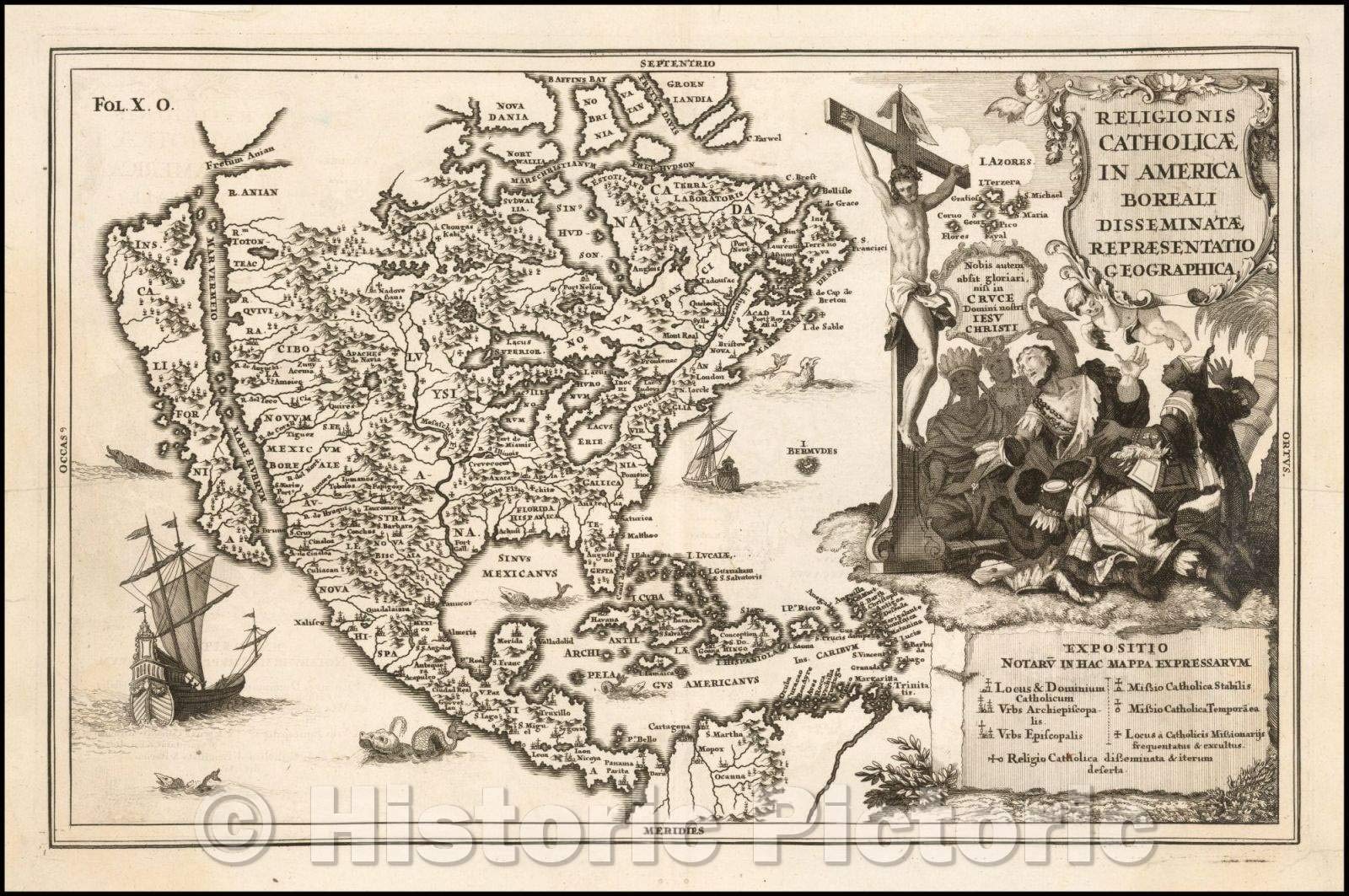 1703 Vintage Historic Map of North America - California as an Island - Catholic Religionis Catholicae Wall Art Poster 24x16 Inches - Perfect for Home Decor, Office & History Classroom Display