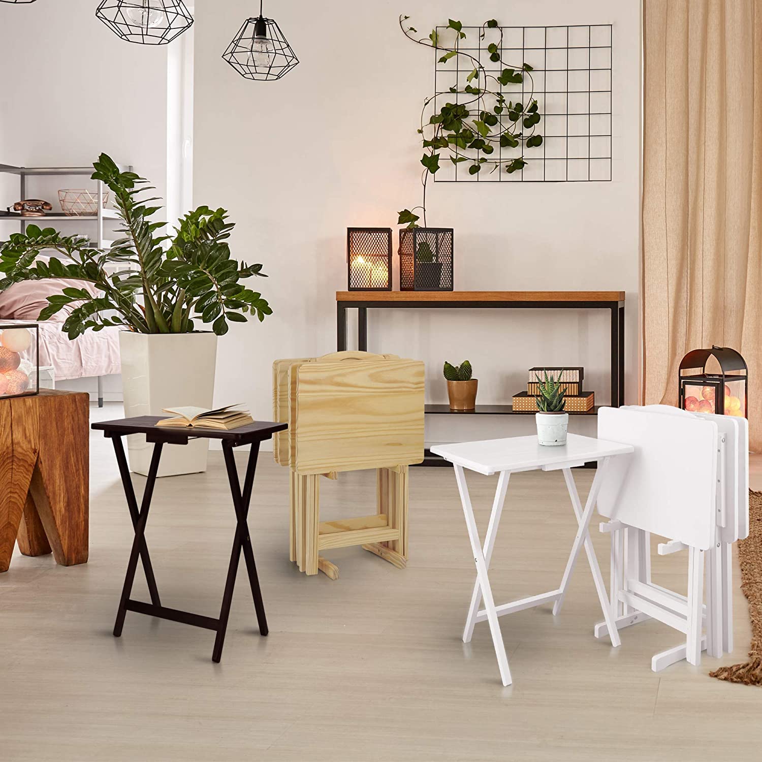 5-Piece Foldable Adjustable Tray Table Set - Natural Wood for Living Room, Bedroom, Small Spaces - Multi-Use for Coffee, Laptop, Snack - Perfect for Home Decor & Compact Living