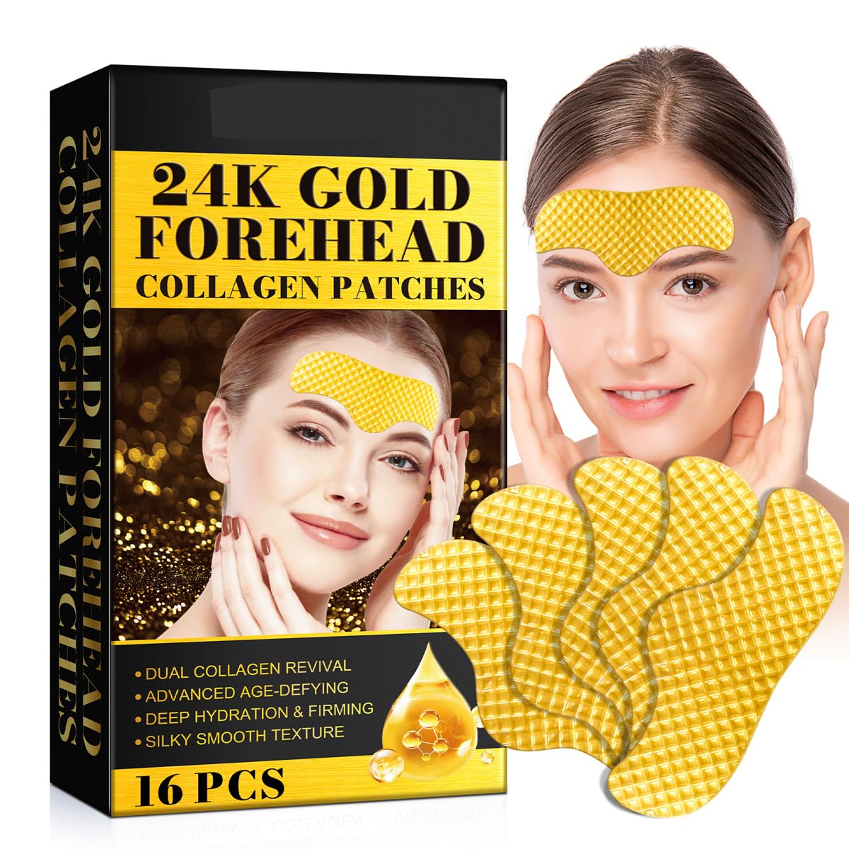 24K Gold Collagen Forehead Wrinkle Patches - 16 Pcs Hydrating Anti-Wrinkle Treatment for Smoothing Frown Lines & Forehead Wrinkles | Perfect for Nighttime Skincare Routine & Daily Anti-Aging Care