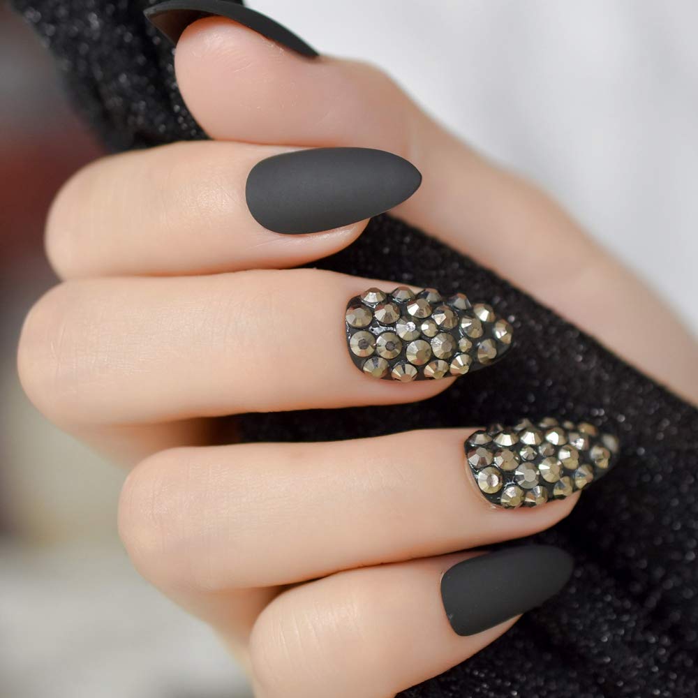 Matte Black Stiletto False Nails with Rhinestones - 24pcs Long Pointed Sharp Fake Nails for Women | Shimmer Shiny Artificial Nails for Parties, Weddings & Special Occasions