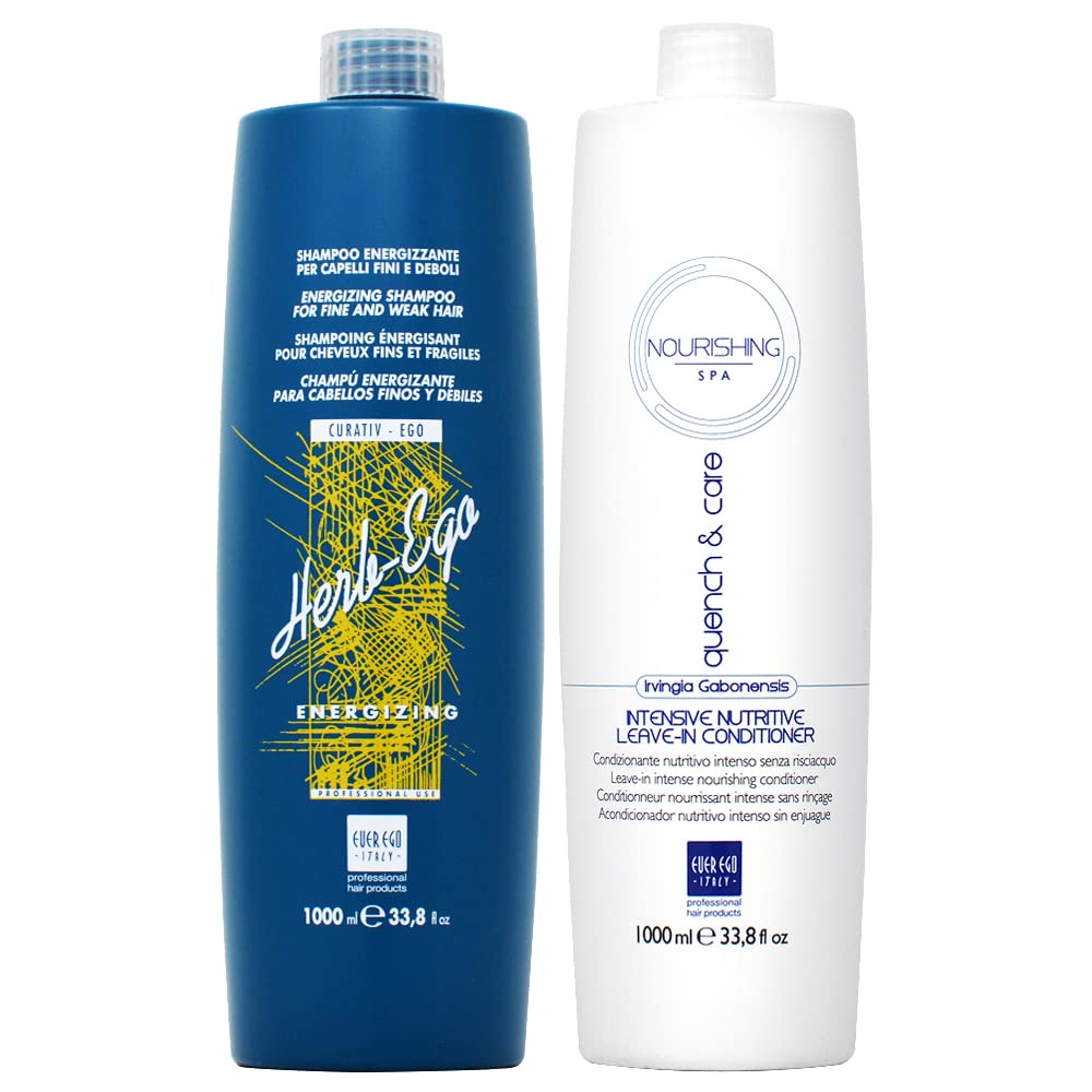 Ever Ego Herb Ego Shampoo 33.8oz + Intensive Leave-in Conditioner 33.8oz Set - Sulfate Free & Paraben Free Hair Care for Dry, Damaged Hair - Daily Moisturizing & Repairing Treatment for Women & Men - Perfect for Home & Salon Use