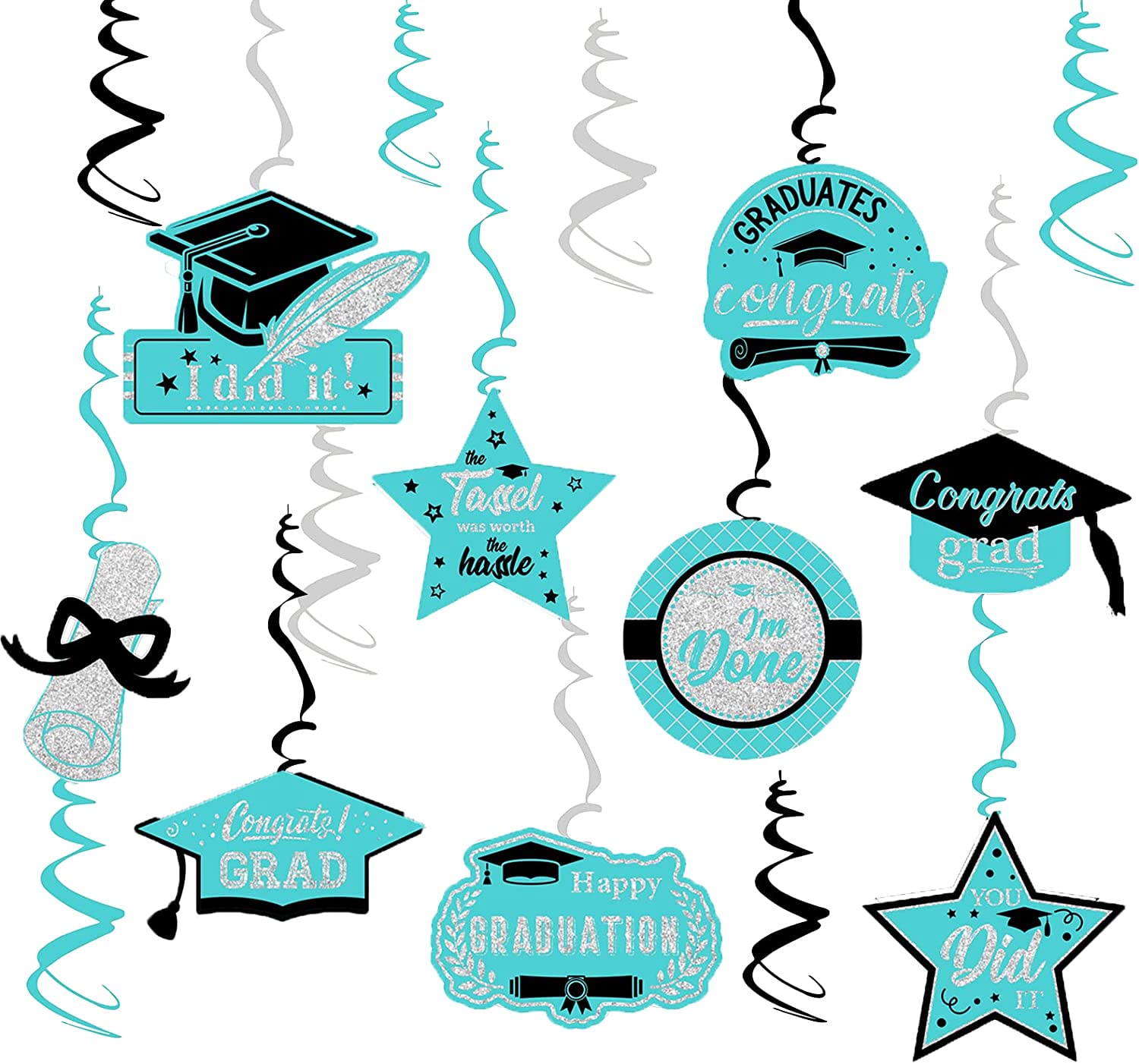 2025 Teal & Silver Graduation Party Decorations Set - 15pcs Hanging Swirls for Class of 2025 | Turquoise, Black & Silver Graduation Decor | Perfect for Graduation Ceremonies, Parties & Photo Backdrops