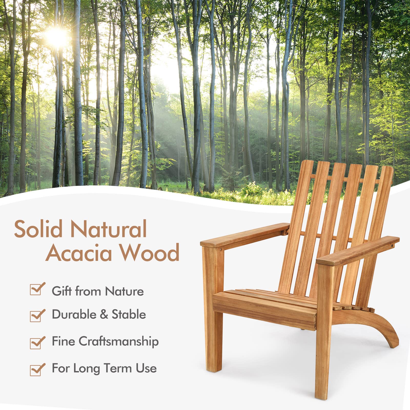 Tangkula Acacia Wood Adirondack Chair - Weather Resistant Outdoor Patio Furniture for Garden, Backyard, Deck, Fire Pit & Camping - Natural Wood Lounger (Set of 2) - Perfect for Relaxing in Your Backyard, by the Pool or Around the Fire Pit