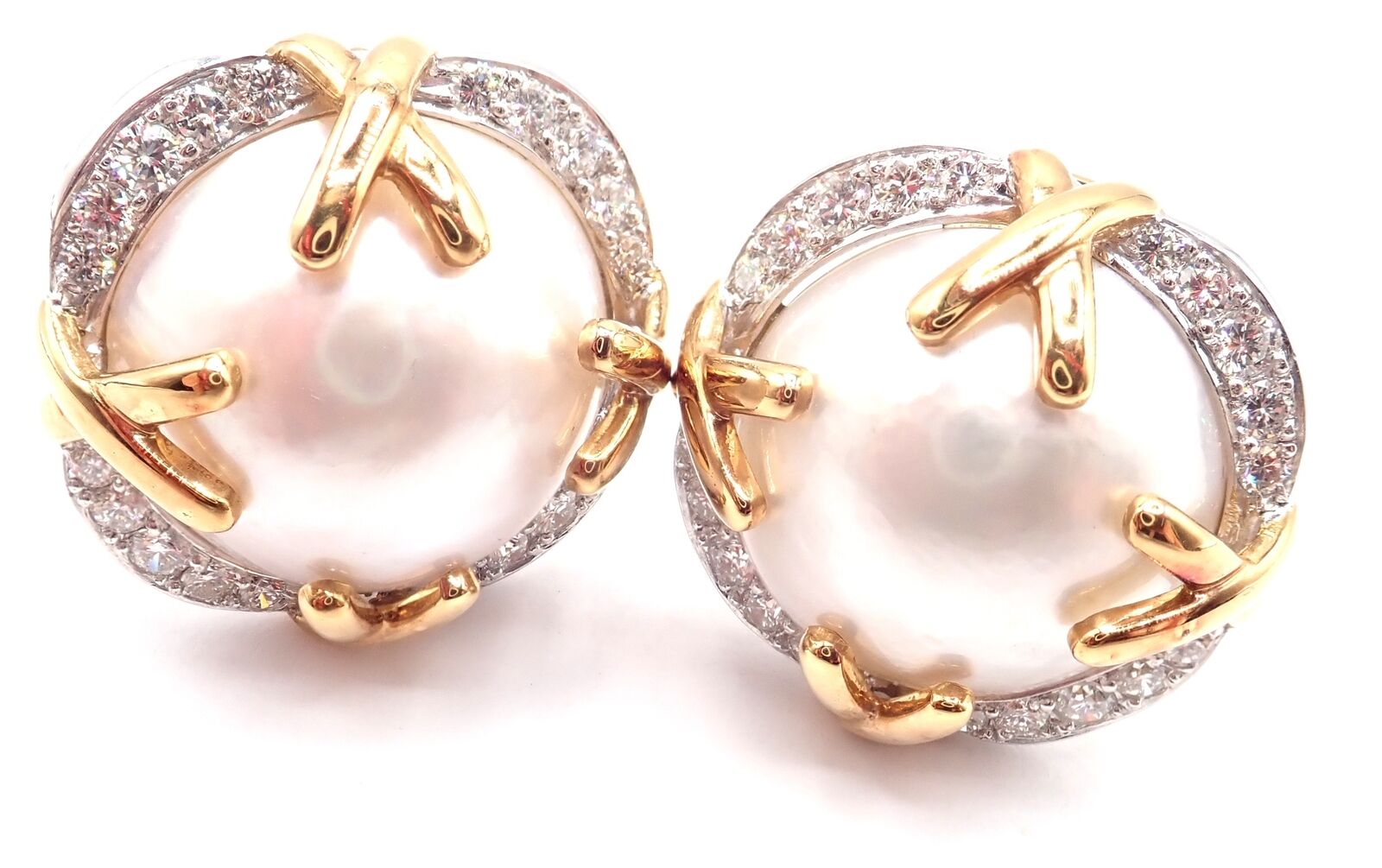 Authentic Vintage Verdura 18k Yellow Gold Mabe Pearl Diamond Large Earrings - Luxury Statement Jewelry for Weddings & Special Occasions