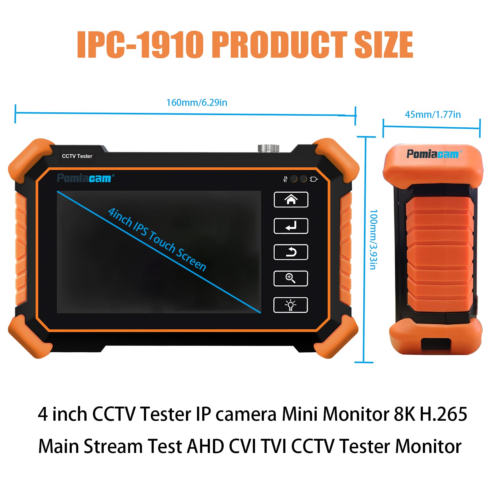 IPC-1910 Plus 4 Inch Touch Screen IP Camera Tester - 8K/4K/8MP Resolution, Supports H.265, POE, PTZ, WiFi & RS485 - Compatible with Coax, AHD, CVI, TVI Cameras - Ideal for CCTV Installation, Security System Testing & Camera Maintenance