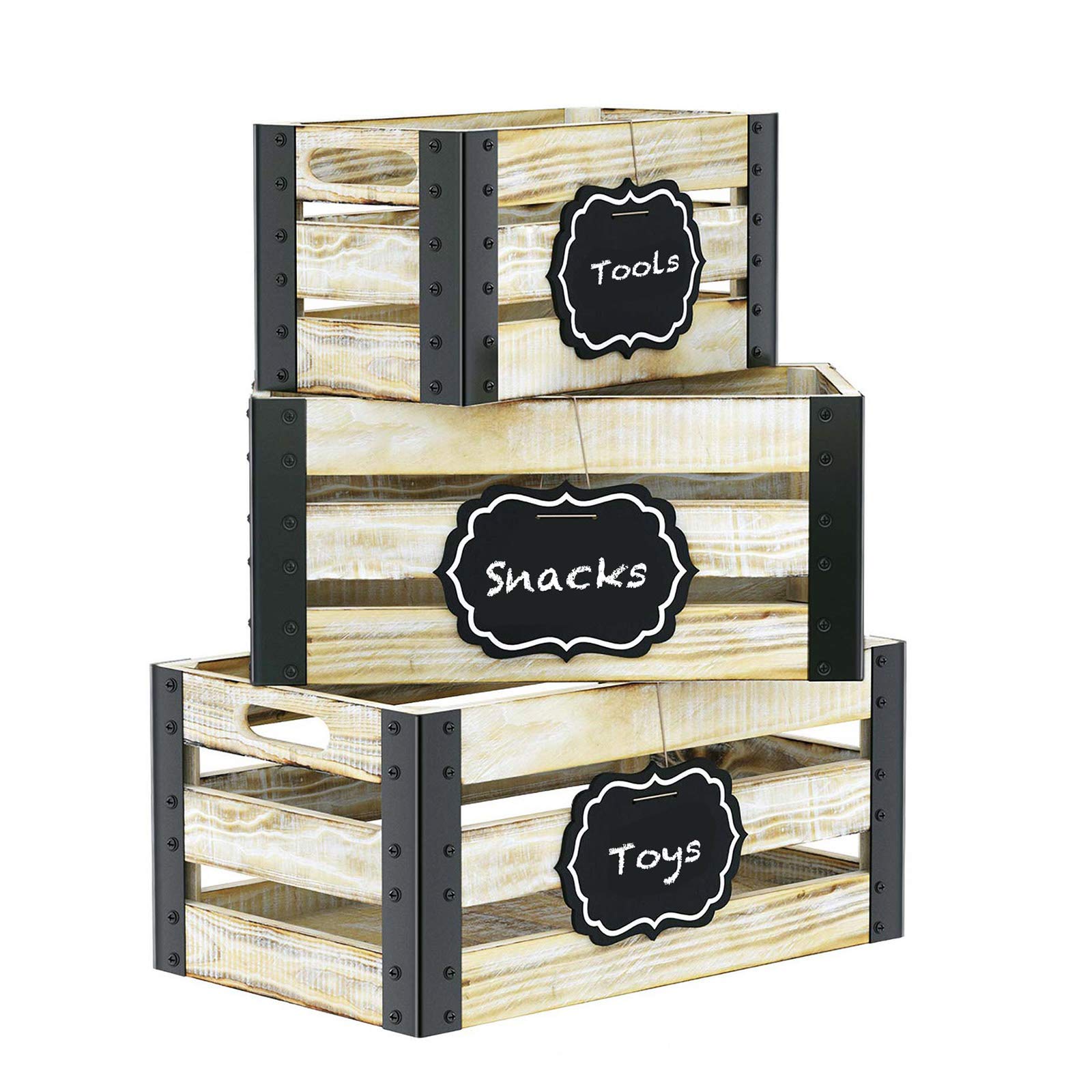 Greenstell Wooden Nesting Storage Crates with Handles & Hanging Chalkboard - Set of 3 White Rustic Decorative Display Boxes for Wall Mounting - Perfect for Home Organization, Office Decor, Kitchen Storage, Bedroom Shelving and Party Display