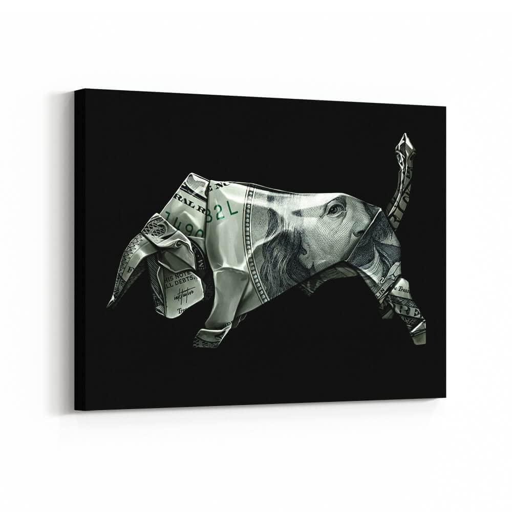 Inktuitive Bull Origami Money Canvas Wall Art - Motivational Office Decor, Inspirational Black Wall Art, 24x18 Inches Frameless - Perfect for Home Office, Study Room & Gift Giving