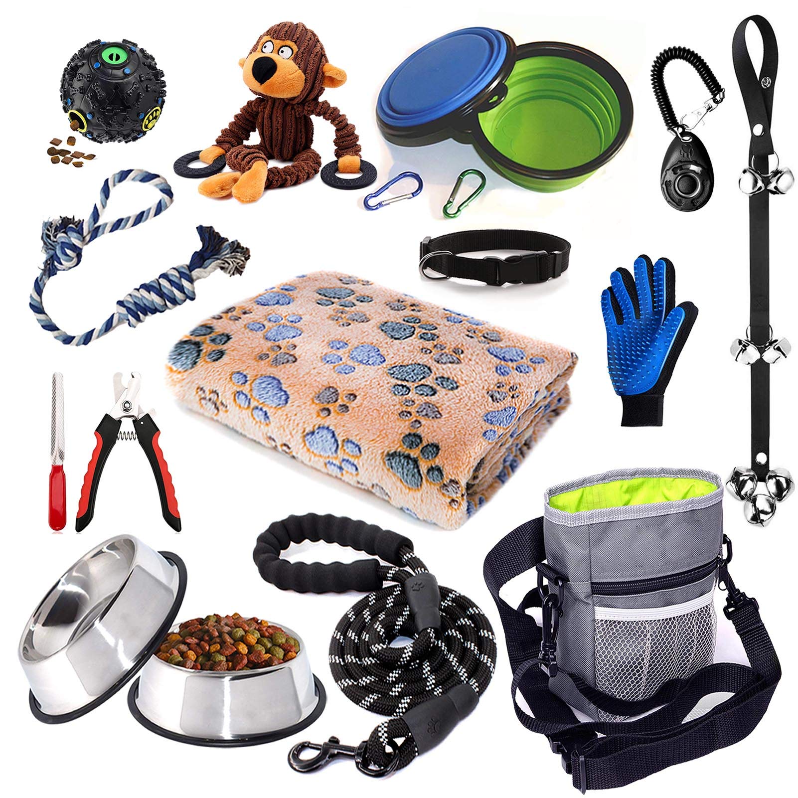 Puppy Starter Kit - 15 Piece Dog Supplies Set with Toys, Essentials, Training Tools, Grooming Kit, Leashes & Feeding Supplies for New Puppy Owners & Pet Lovers
