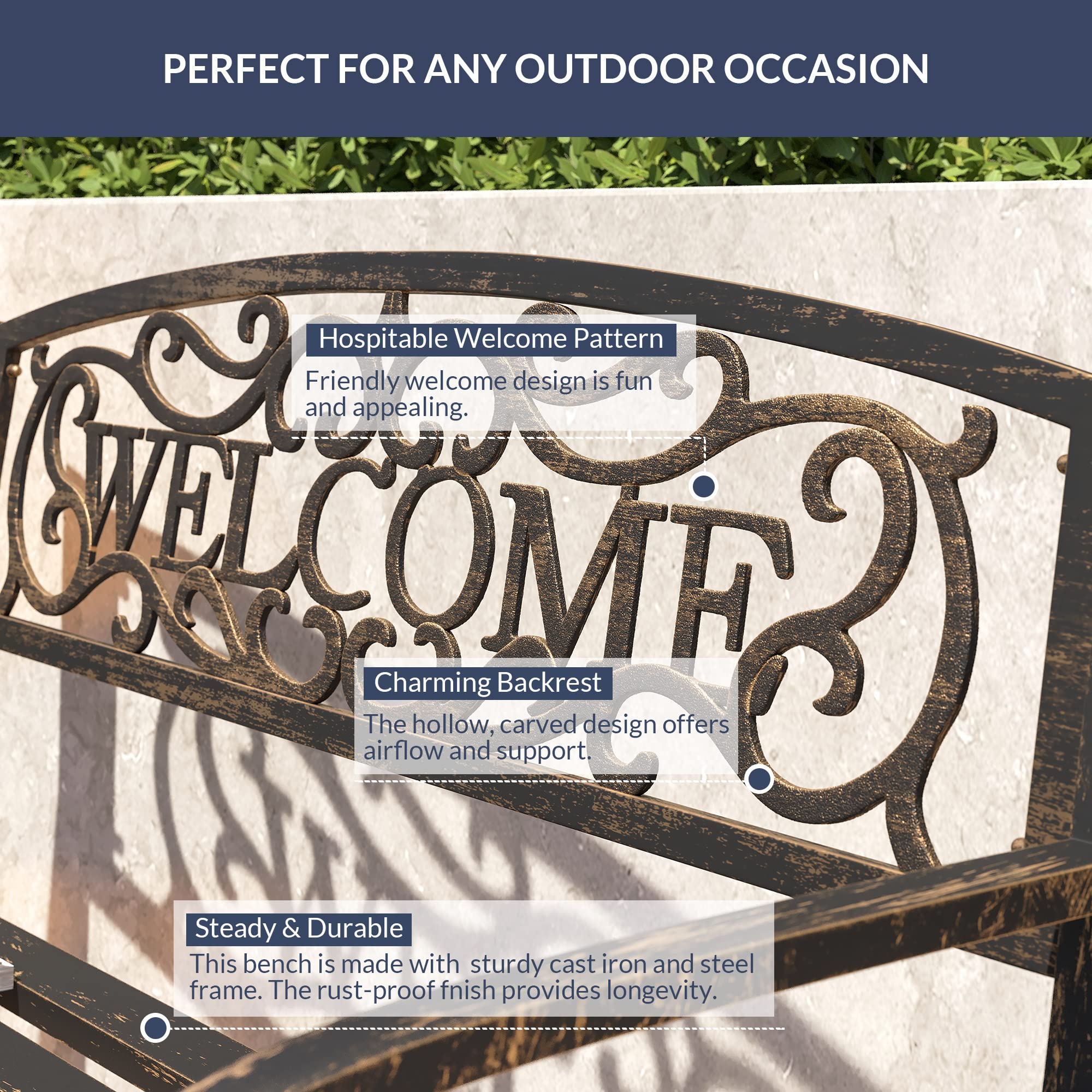 BELLEZE 50 Inch Outdoor Garden Bench - Cast Iron Metal Loveseat with Armrests for Park, Yard, Porch, Lawn, Balcony | Antique Patio Furniture Welcome Design in Brown | Perfect for Relaxing in Gardens, Backyards and Outdoor Spaces