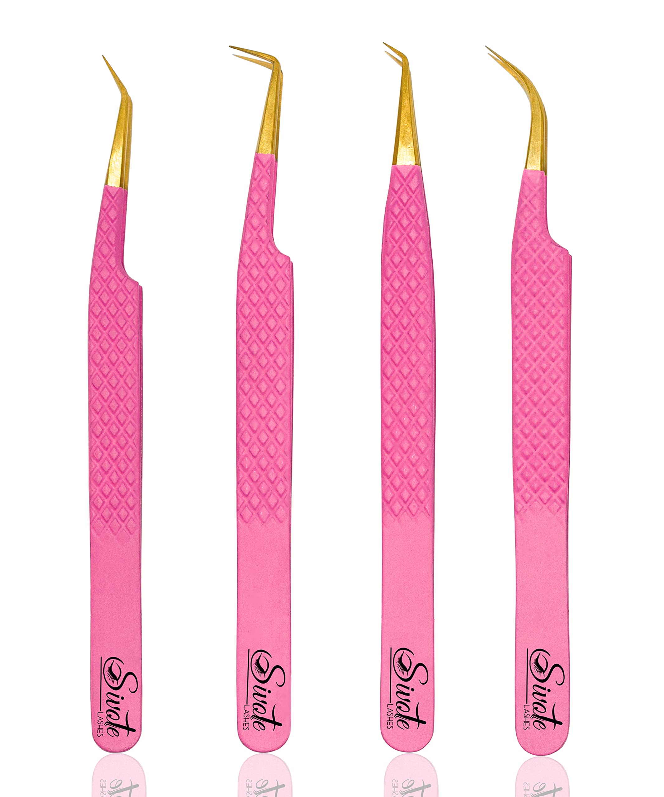 SIVOTE Pink Fiber Tip Eyelash Tweezers for Lash Extensions - Set of 4 with Diamond Grip | Japanese Steel Precision Tips for Classic, Volume & Mega Volume Lashes | Anti-Rust Professional Tools for Lash Artists | Perfect for Salon, Home & Professional Use