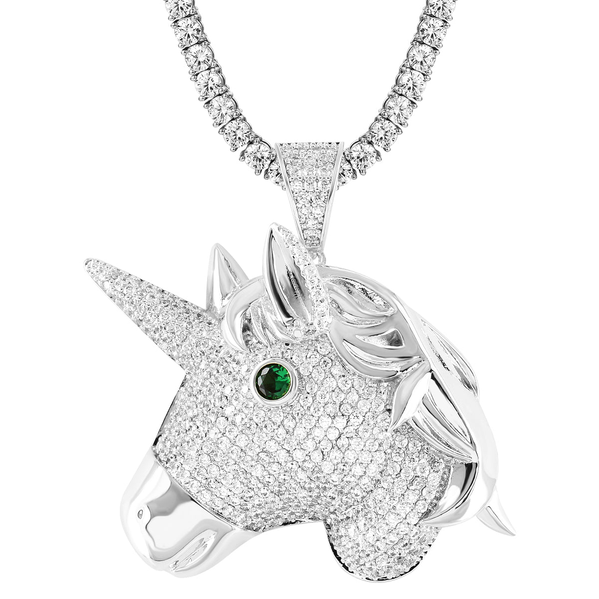 White Blessed Unicorn Emerald Eye Royal Pendant Necklace with 24 Inch Chain - Perfect for Cosplay, Fantasy Jewelry & Gift Giving