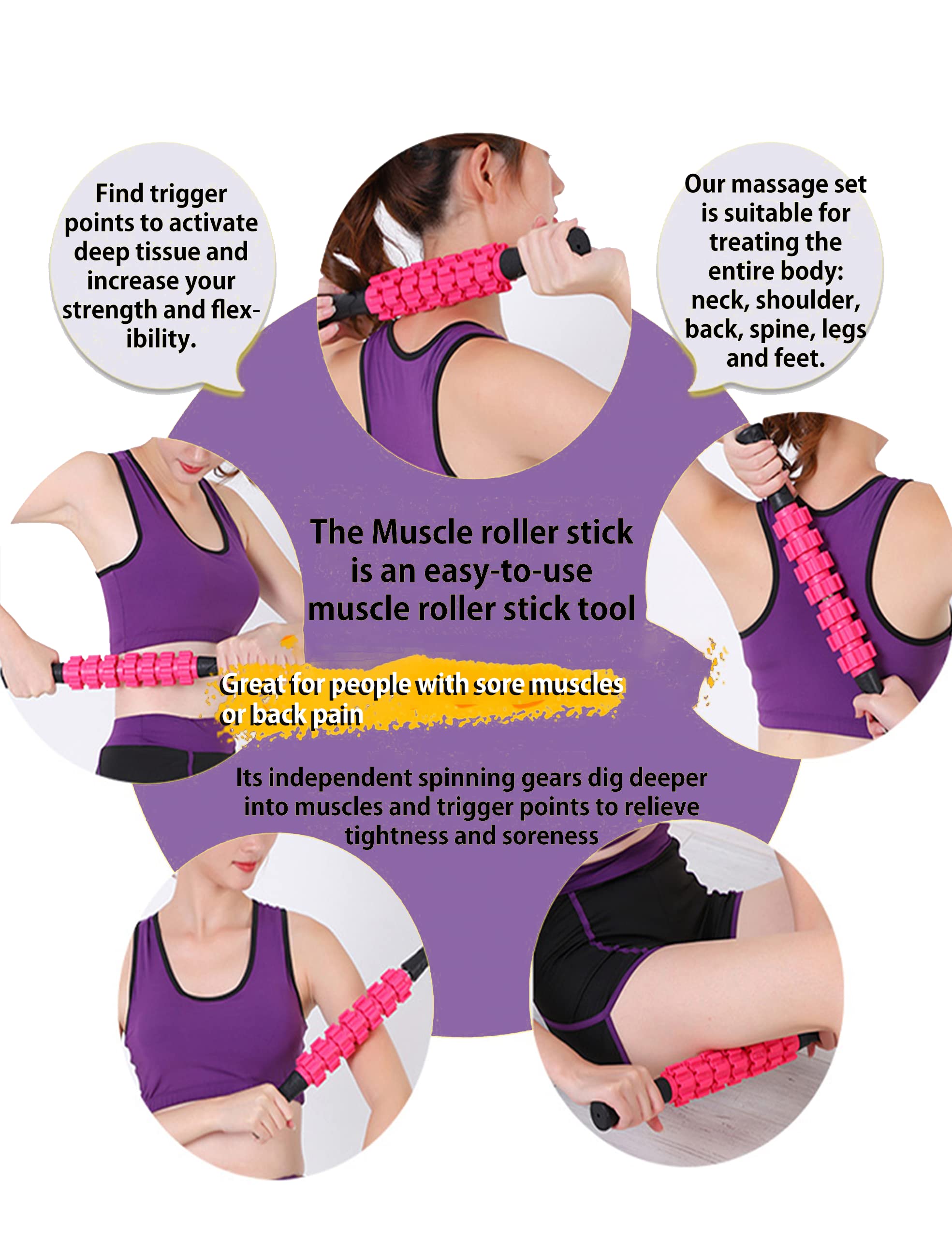 OVTSPO 6-in-1 Foam Roller Set for Deep Tissue Massage & Pain Relief - Includes Hollow Core Massage Roller, Muscle Roller Stick, Massage Ball, Stretching Strap, Resistance Bands & Storage Bag - Perfect for Back & Leg Recovery, Yoga, Gym Workouts & Home Fitness