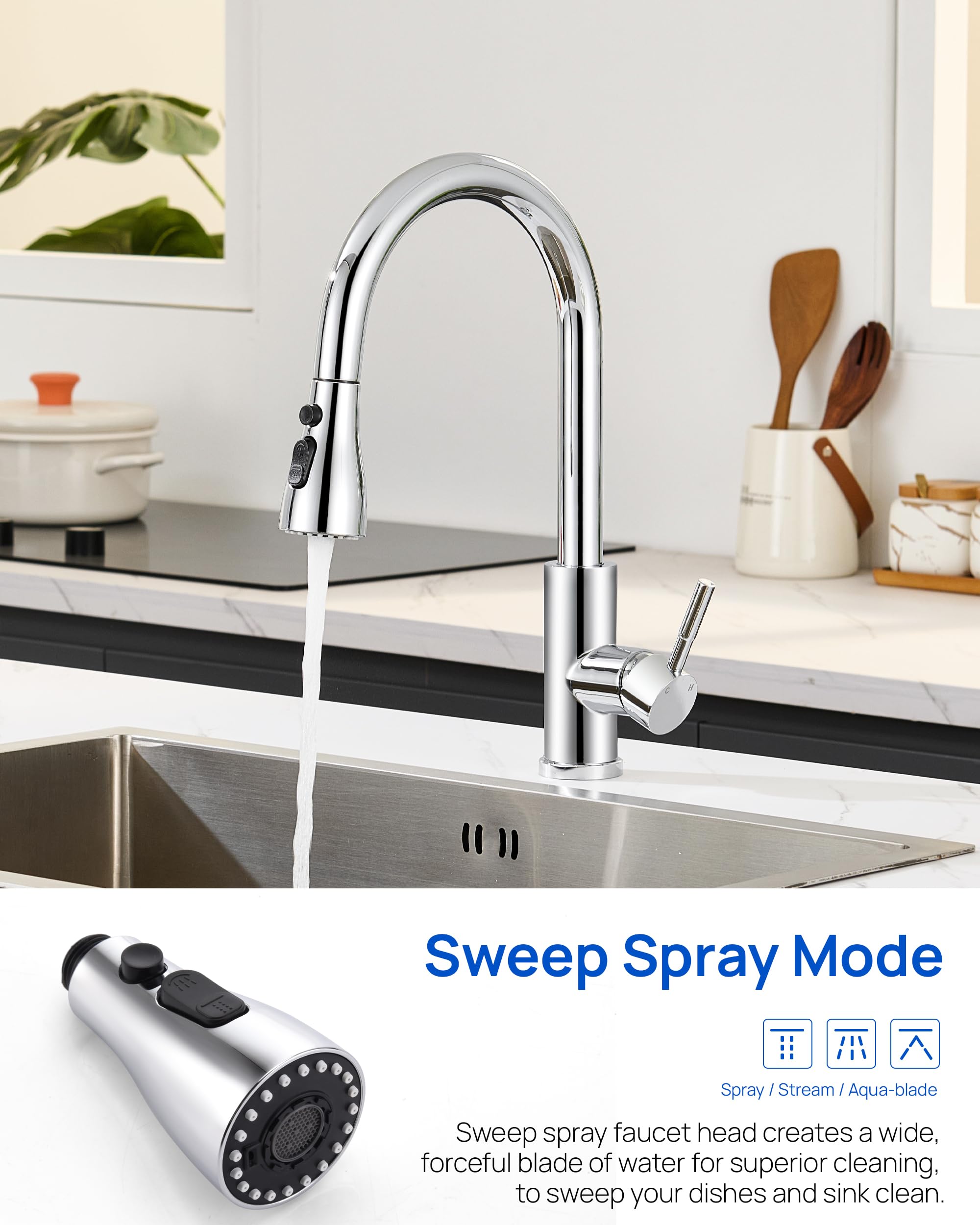 J-HVA 3-Function Pull Down Kitchen Faucet Sprayer Head - Chrome Replacement for Sink Faucets (15 Connectors) - Perfect for Home Kitchen Upgrades
