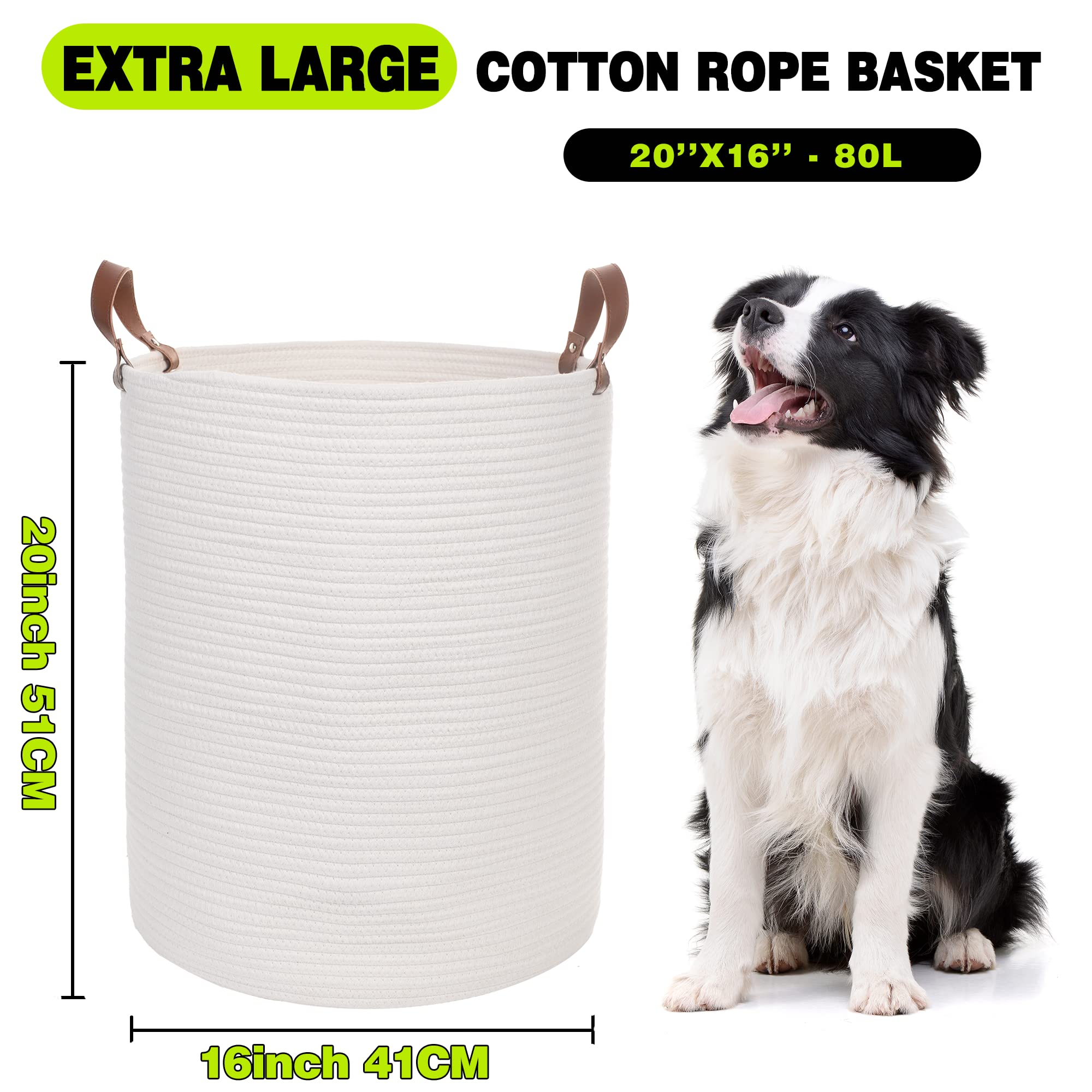 Extra Large 20x16 Inches Cotton Rope Storage Basket with Leather Handle - Woven Laundry Bin for Baby Clothes, Blankets & Toys - Perfect for Nursery, Yoga Mat & Towel Organization (White)