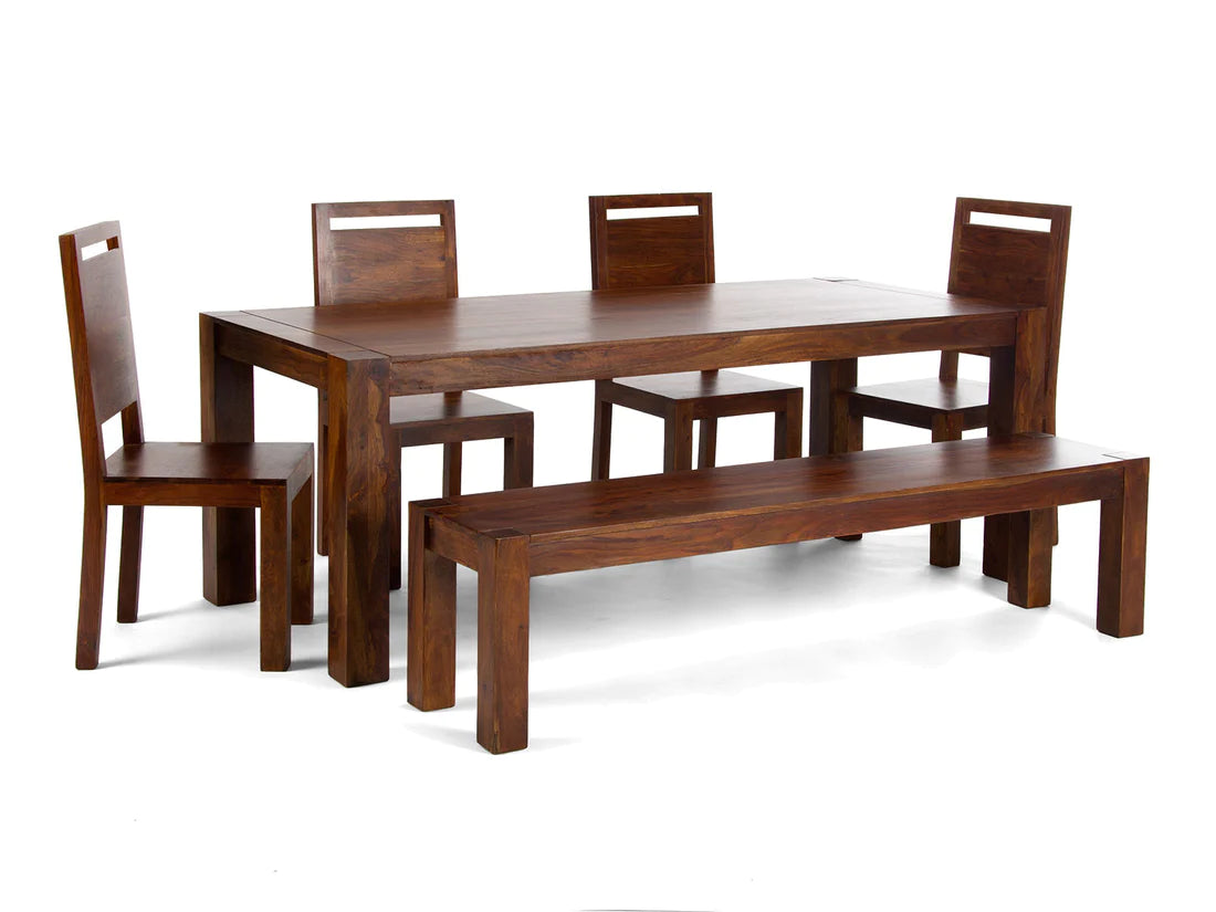 Gfine 6-Seater Solid Sheesham Wood Dining Table Set with 4 Chairs & Bench - Perfect for Family Meals, Dinner Parties & Cozy Kitchen Gatherings