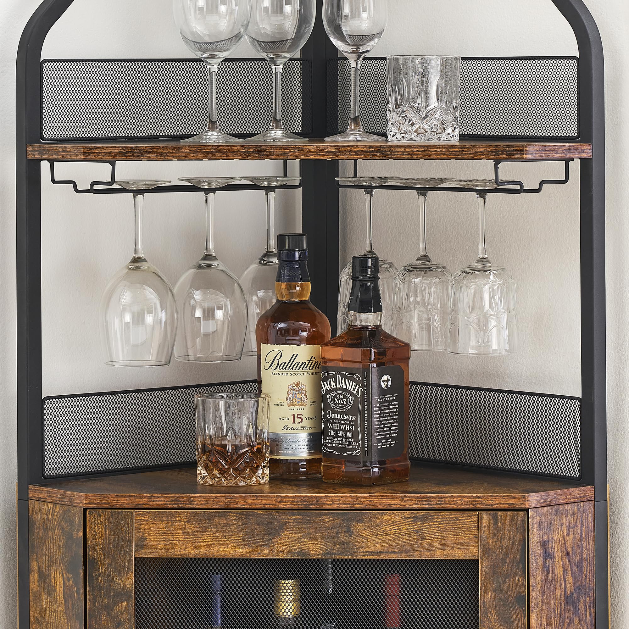 5-Tier Industrial Wine Cabinet with LED Lights & Glass Holder - Adjustable Shelf, Mesh Door - Rustic Brown Home Bar Cabinet for Living Room, Dining Room & Kitchen Decor