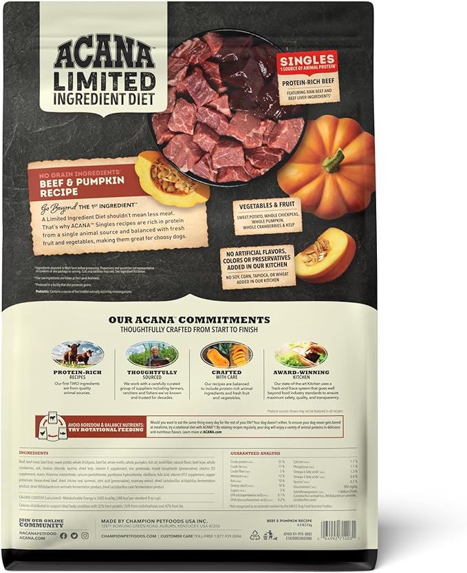 Acana Grain Free Dry Dog Food with Beef & Pumpkin - High Protein, Limited Ingredient Diet for All Breeds - Perfect for Sensitive Stomachs & Digestive Health