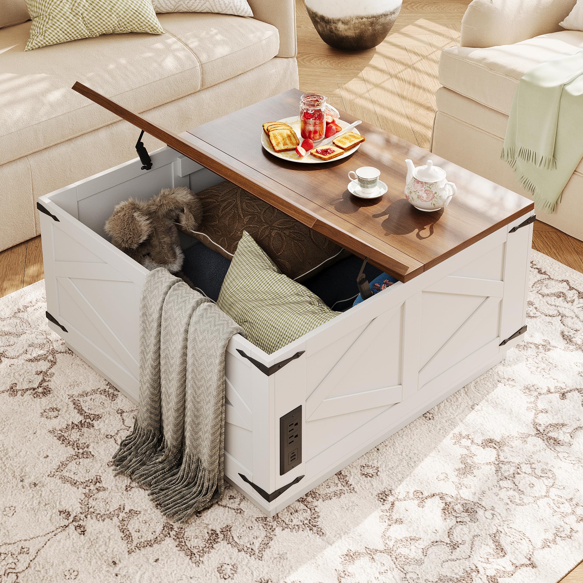 Rustic Lift Top Coffee Table with Storage & LED Light - Farmhouse Square Wood Center Table with Charging Station & Hidden Compartment - Perfect for Living Room, Family Gatherings & Home Decor (White)