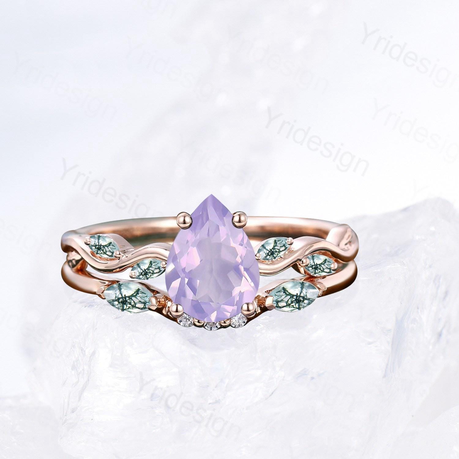 Natural Pear Shaped Lavender Amethyst Engagement Ring Set with Marquise Green Moss Agate Wedding Band | Rose Gold Stackable Rings for Women | Perfect for Bridal Jewelry, Anniversary Gifts & Everyday Wear