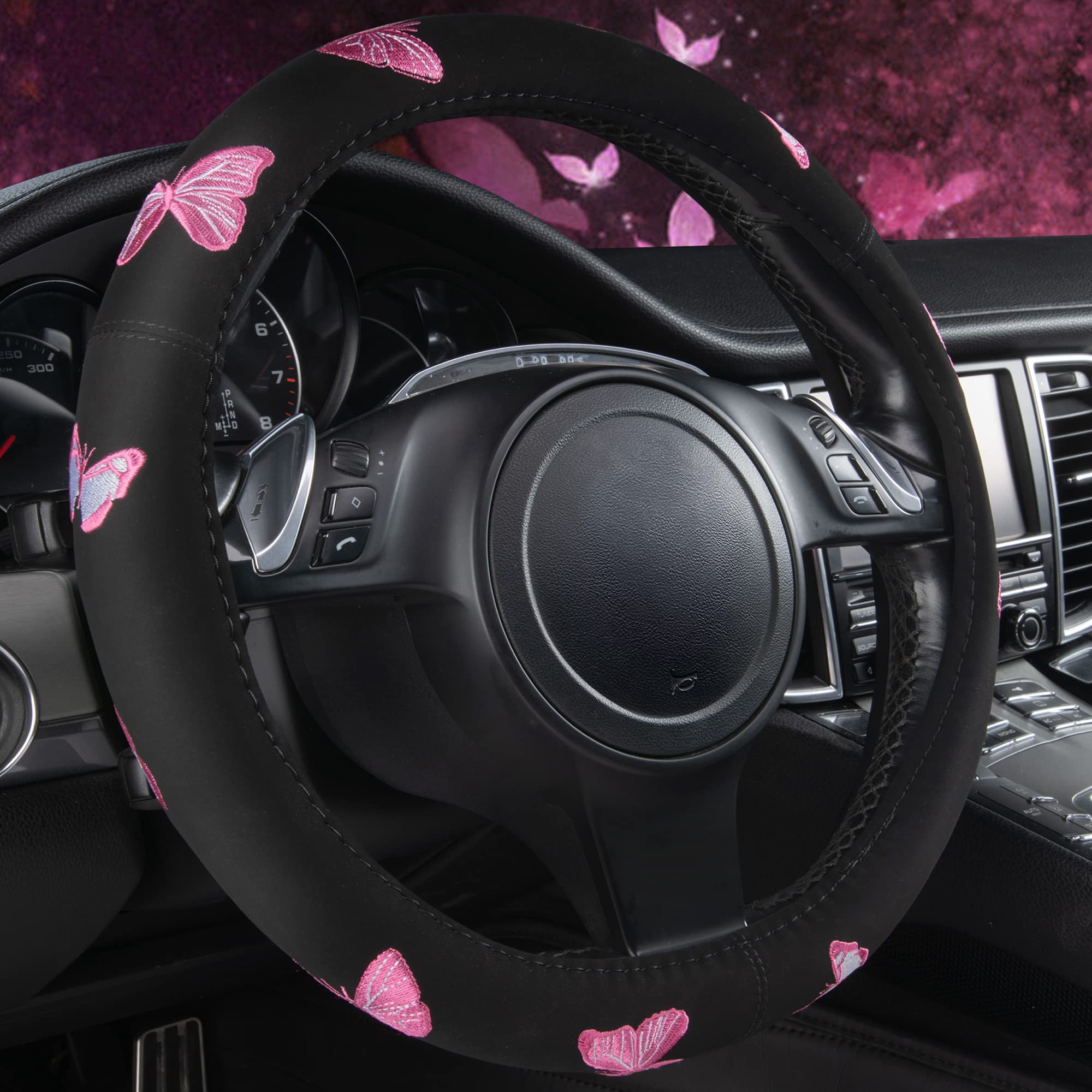 Car Pass Pink Embroidery Butterfly Steering Wheel Cover - Universal 15 Inch Soft Non-Slip Wheel Cover for Women Girls, Fits SUVs, Small Trucks, Sedans, Cars (Black and Pink) - Perfect for Daily Commute, Road Trips & Gift Giving