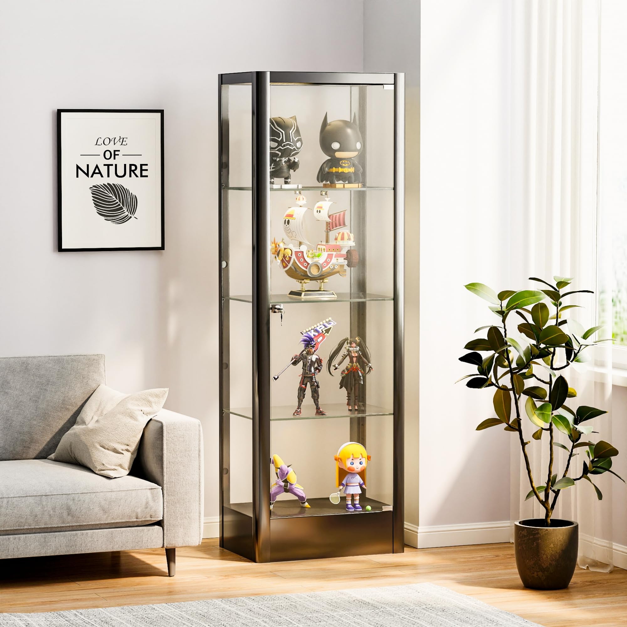 Modern Glass Display Cabinet with Adjustable 4 Shelves & Secure Lock - Black Curio Cabinet for Books, Toys & Collectibles (63