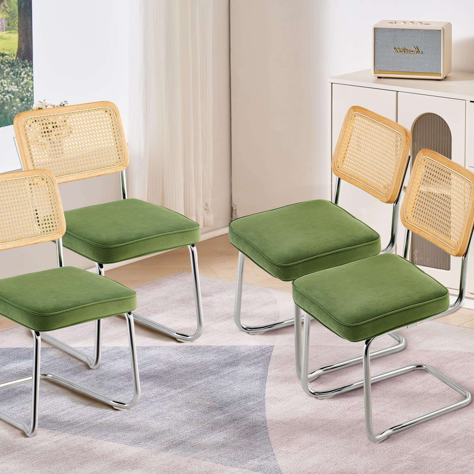 VEVOR Set of 4 Mid Century Modern Rattan Dining Chairs - Velvet Upholstered Accent Chairs with Woven Back - 18.1 Inch Retro Kitchen & Dining Room Chairs for Living Room, Bedroom, Patio & Outdoor Entertaining
