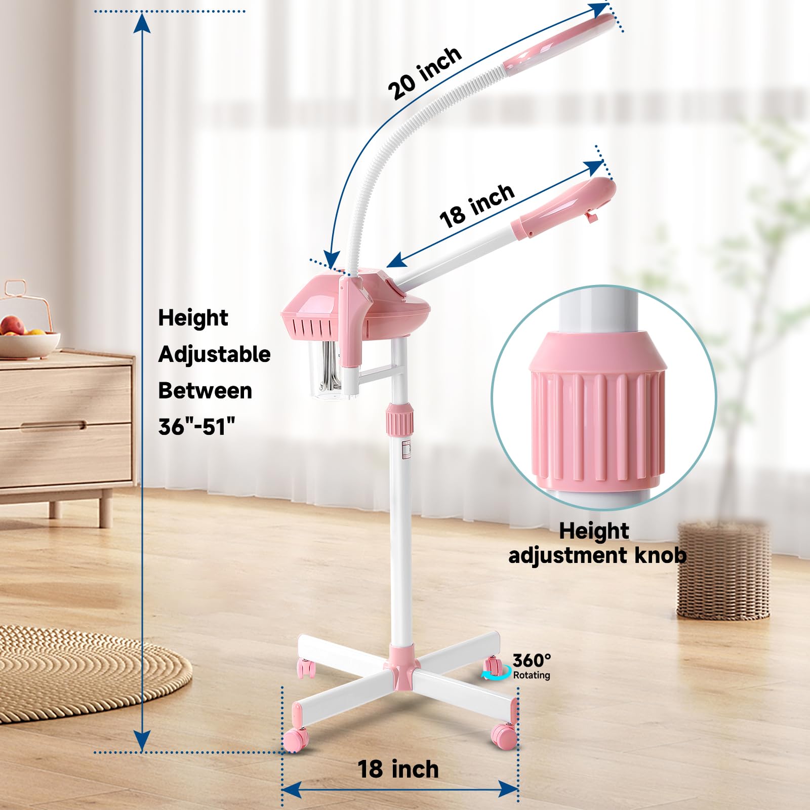 Professional 2-in-1 Ozone Facial Steamer with 5X Magnifying Lamp & Wheels - Adjustable Time Setting for Estheticians & Home Spa - Pink Beauty Salon Equipment for Deep Cleansing & Skin Hydration (Perfect for Facial Treatments, Acne Care & Relaxation Therapy)