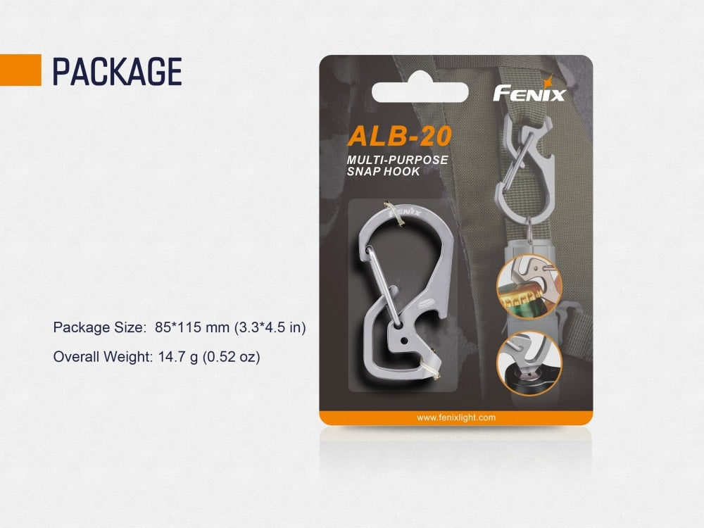 Fenix ALB-20 Heavy Duty Multi-Purpose Snap Hook - Durable Carabiner for Camping, Hiking, Climbing & Outdoor Gear (Black)
