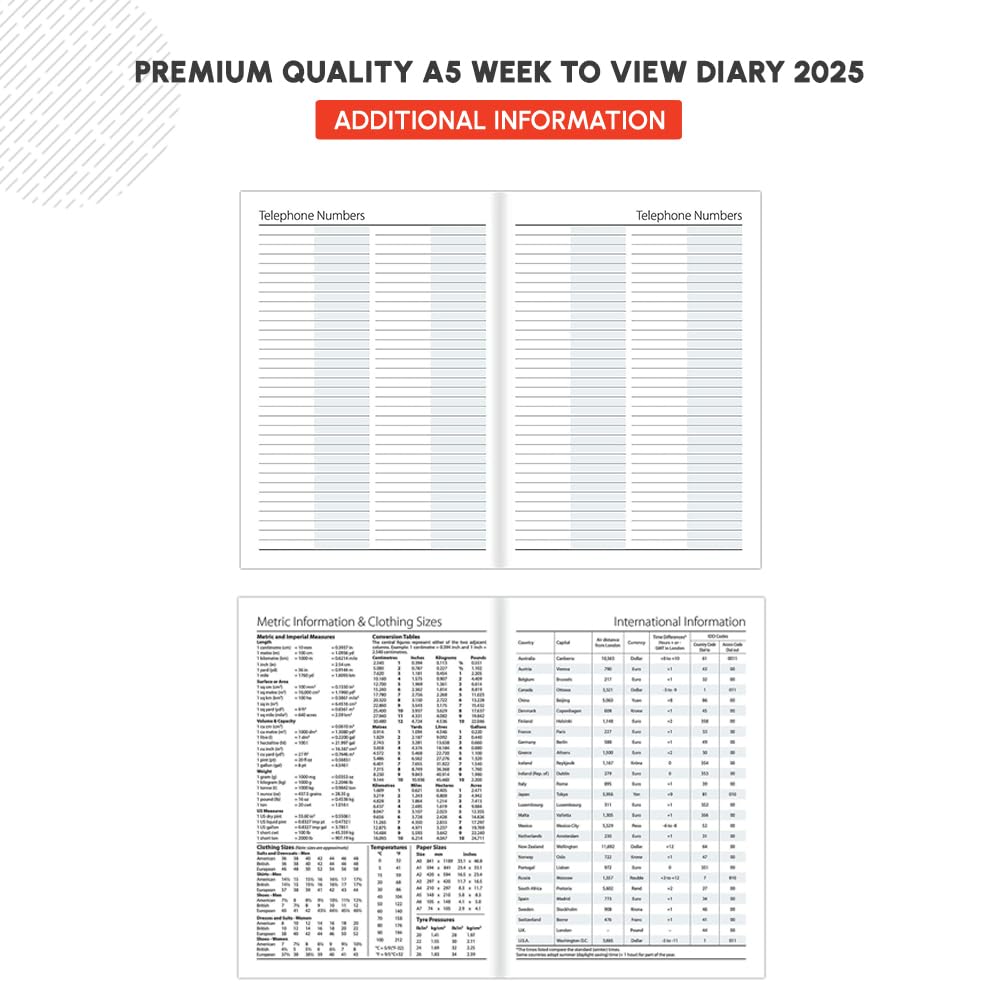 1ABOVE 2025 A5 Week-to-View Diary Planner - 60gsm Paper, Hardback Casebound Cover - Perfect for Home, Office & School Organization (Red)