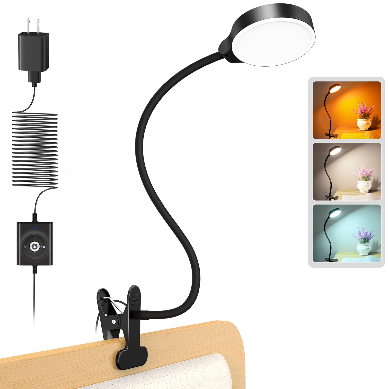 Glocusent 5W Clip-On Reading Light with 36 LED Eye-Caring Bulbs - 3 Color Modes & 5 Brightness Levels - Adjustable Clamp Light for Bed, Bunk Bed, Headboard, Desk - Perfect for Night Reading, Studying, and Working in Low Light