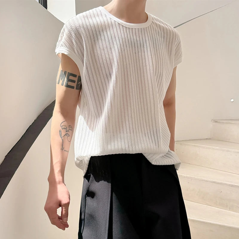 Korean Trendy Hollowed Out Knitted Vest for Men - Breathable Sleeveless Summer Top (Style 9C5941) | Perfect for Beach Outings, Music Festivals & Casual Streetwear