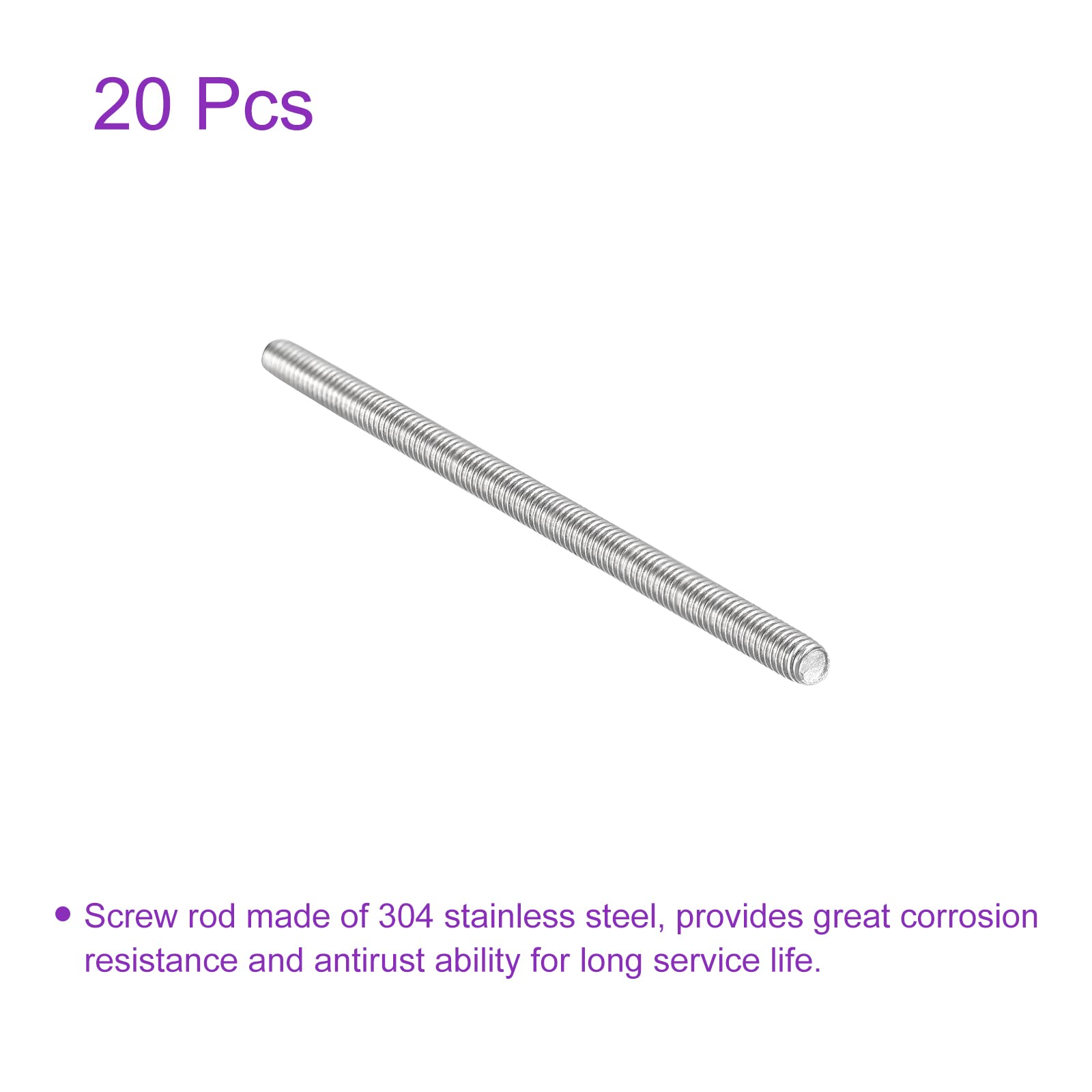 20 Pack M4 x 80mm 304 Stainless Steel Threaded Rods - for DIY & Construction