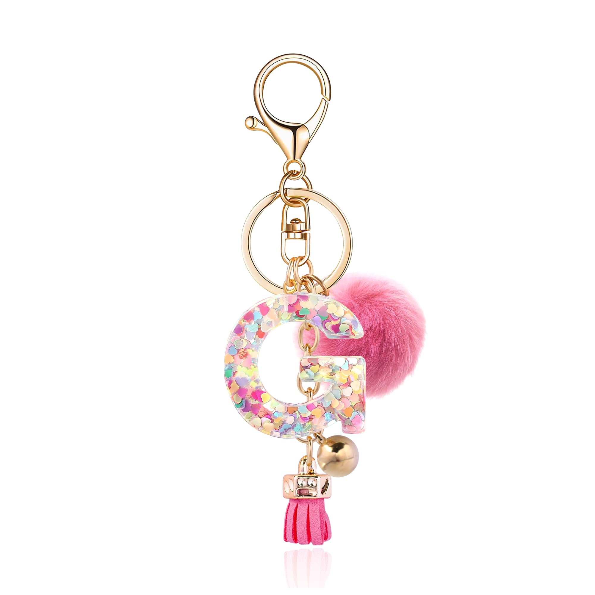 Personalized Resin Alphabet Initial Letter Keychain for Women - Custom Name Keyring with Soft Fur Ball Pom Pom - Perfect for Handbags, Purses, Backpacks & Gift Giving