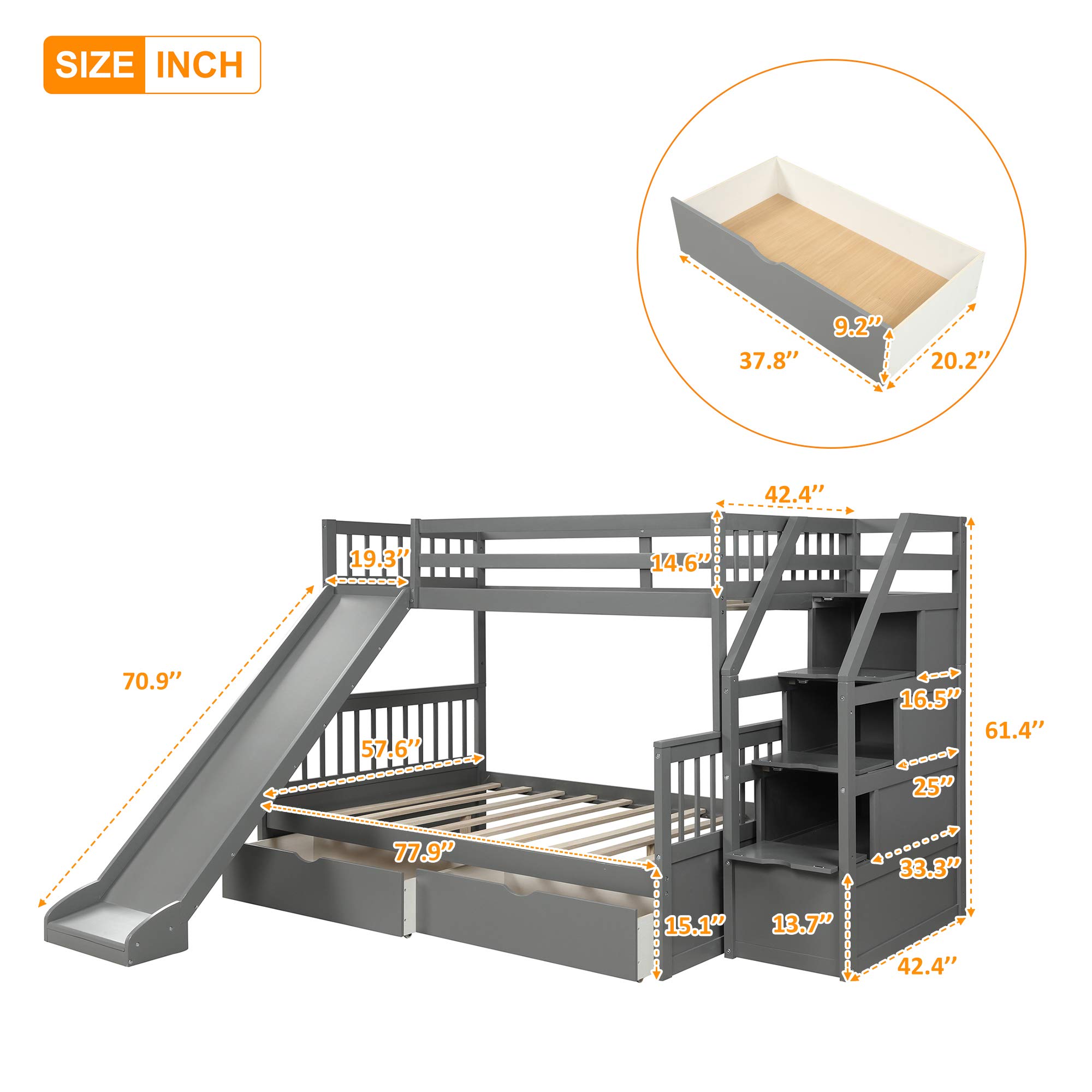 KLMM Twin Over Full Bunk Bed with Storage & Slide - Convertible for Kids & Adults (Gray) - Perfect for Small Spaces & Shared Rooms
