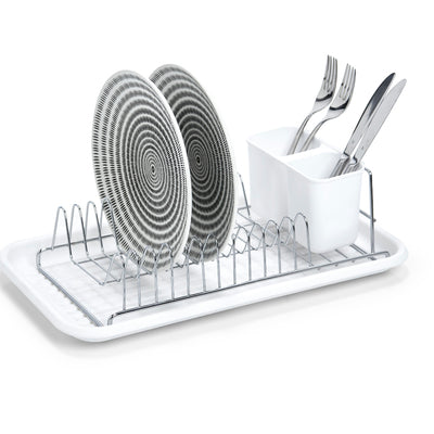 Stainless Steel & Plastic Dish Drainer Rack - White Kitchen Countertop Drying Rack for Plates, Cups & Utensils - Perfect for Small Spaces & Compact Kitchens