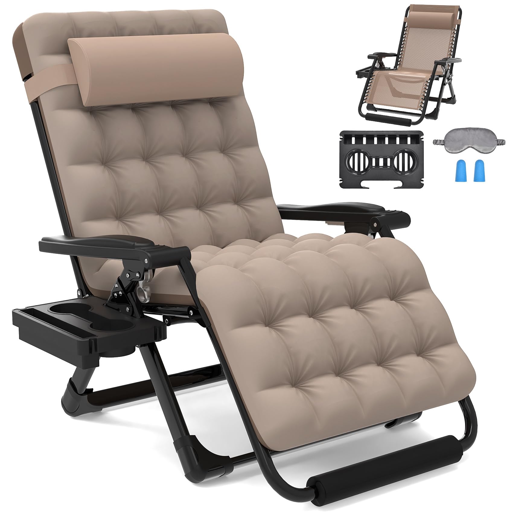 Slendor Oversized Zero Gravity Chair XXL - 33In Padded Reclining Lounge Chair with Headrest & Cup Holder, Heavy Duty 500lbs Capacity, Aluminum Alloy Lock, Foldable Patio Furniture for Outdoor Relaxation - Perfect for Backyard, Poolside, Camping & Beach (Beige)