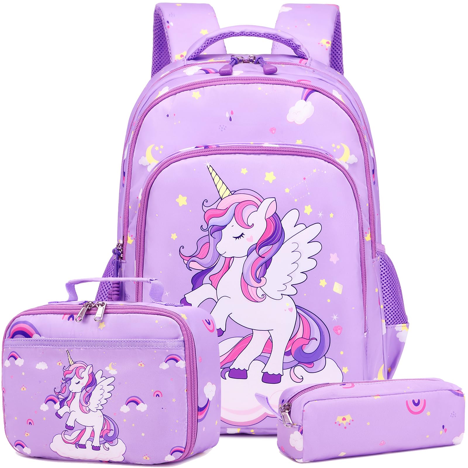 Unicorn Backpack for Girls - 3 in 1 School Bookbag Set with Pencil Case & Lunch Box | Cute Elementary Backpack for Kids | Perfect for School, Travel & Daily Use