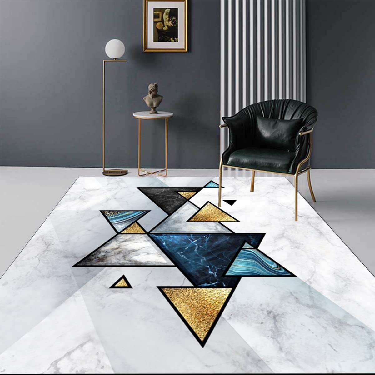 Modern Geometric Triangle Area Rug 5x8 ft - Black White Gold Abstract Marble Design - Soft Contemporary Carpet for Living Room, Bedroom, Dining Table, Home Office & Kitchen - Indoor Floor Runner for Stylish Home Decor