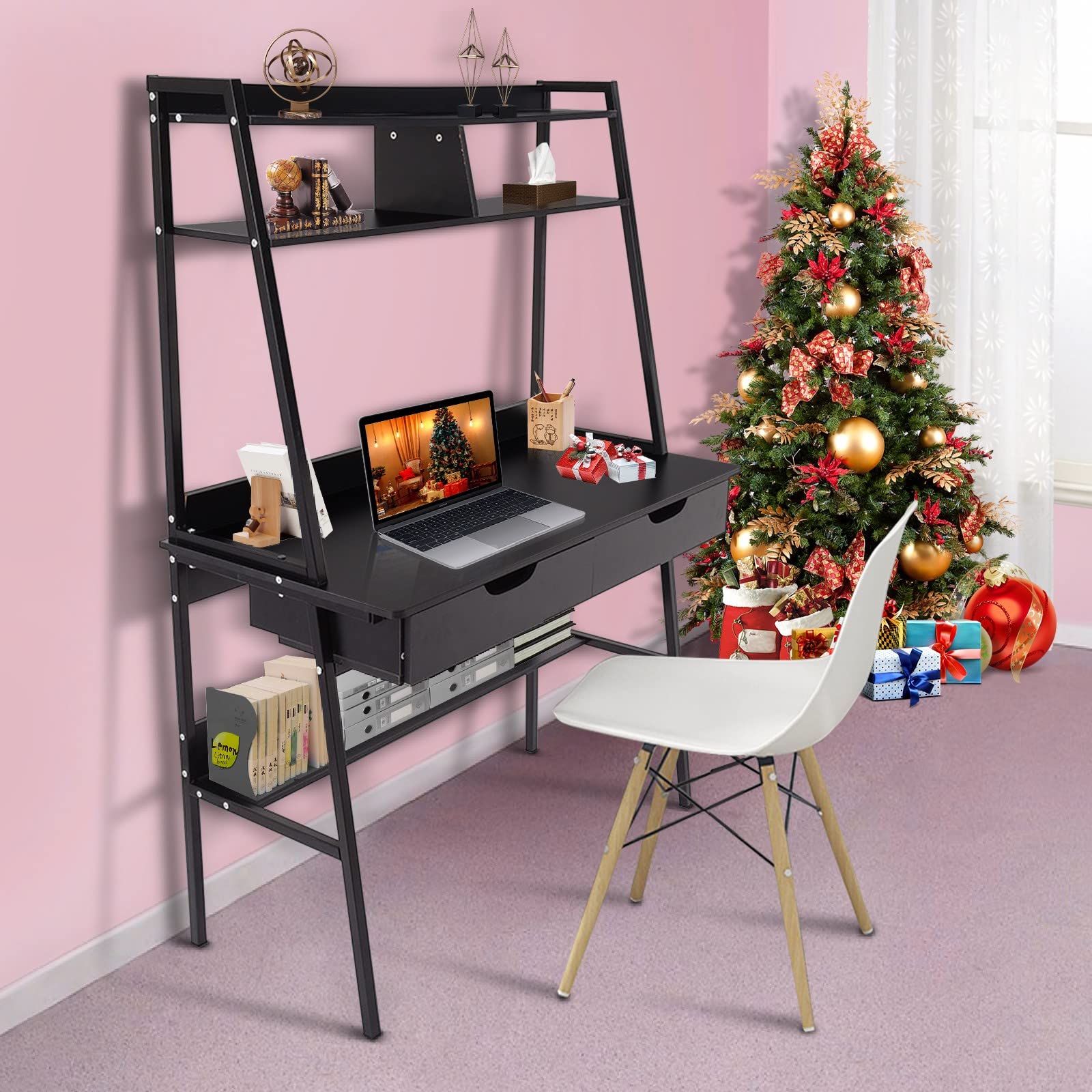 Black Adjustable Drafting Table with Hutch & Shelves - Ergonomic Computer Desk for Artists, Architects & Home Office - Perfect for Drawing, Studying & Workspace Organization