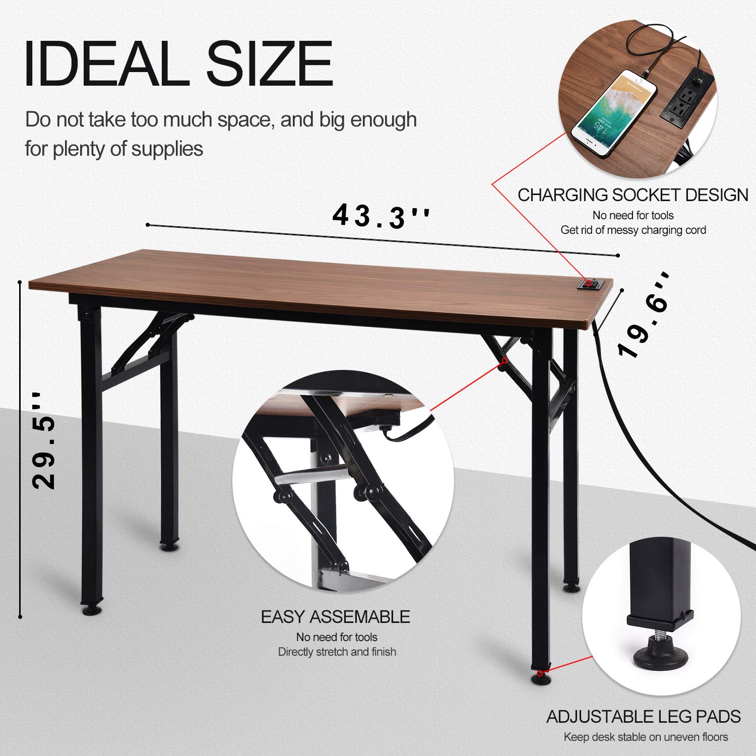Frylr Folding Computer Desk with Built-in Power Outlets & USB Ports - 43.3
