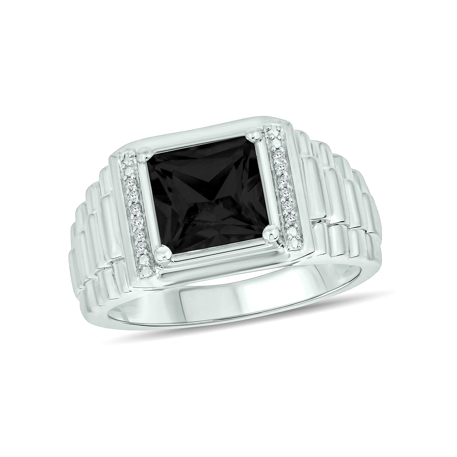 1/20 ct Natural Diamond & Gemstone Men's Ring - 925 Sterling Silver with Garnet, Onyx & Blue Topaz | Textured Jewelry Gift for Him | Perfect for Weddings, Anniversaries & Special Occasions