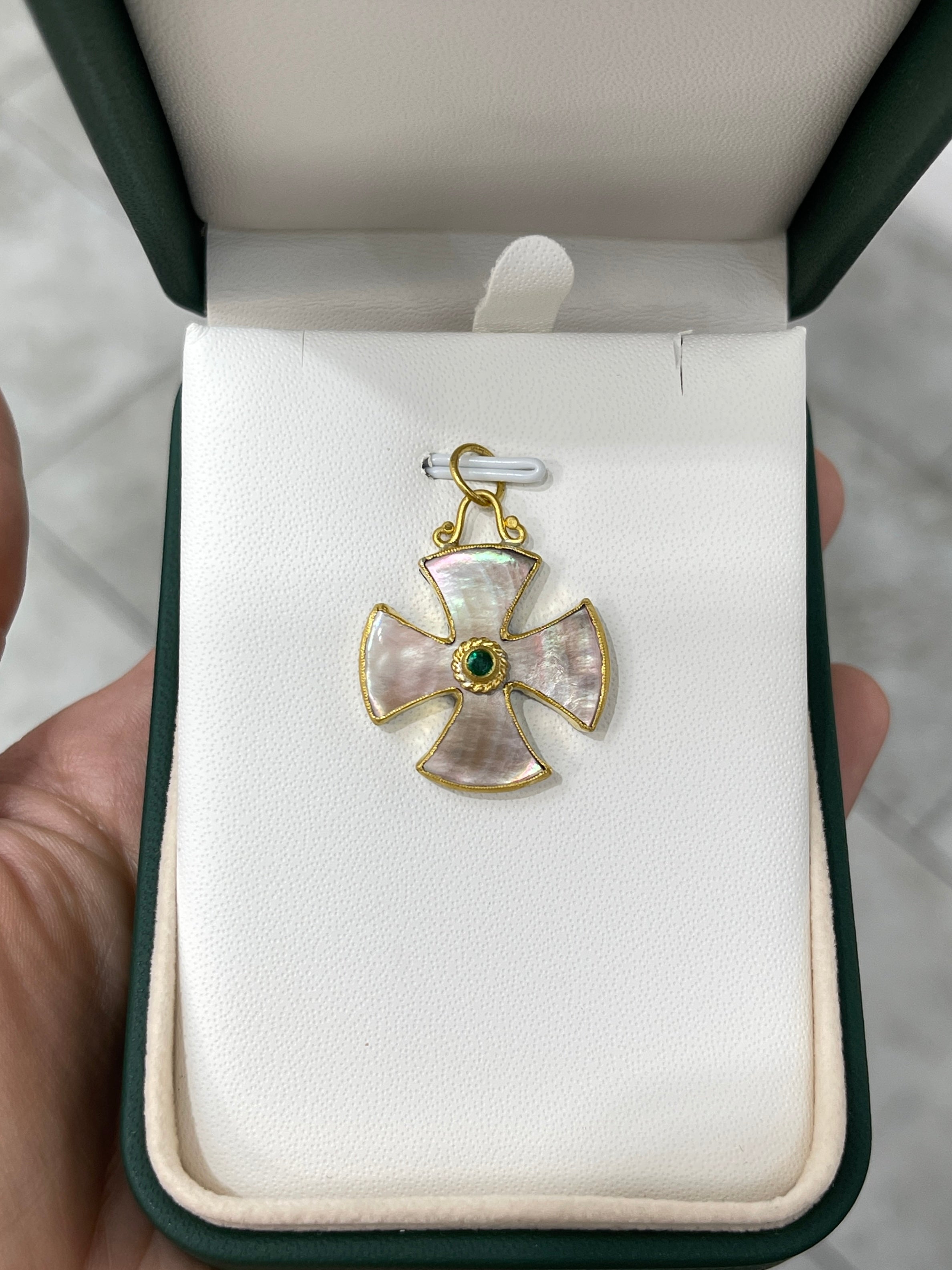 24K Gold Byzantine Cross with Mother of Pearl and Emerald - Maltese Style Religious Jewelry for Men & Women - Perfect for Church, Weddings, and Special Occasions