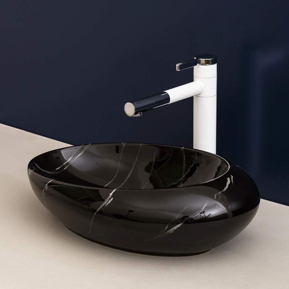 Hand-Painted Ceramic Vessel Sink - Oval Black Bathroom Countertop Basin - Jingdezhen Porcelain Art Sink for Modern & Luxury Bathroom Vanity - Perfect for Powder Rooms, Guest Baths & Master Suites