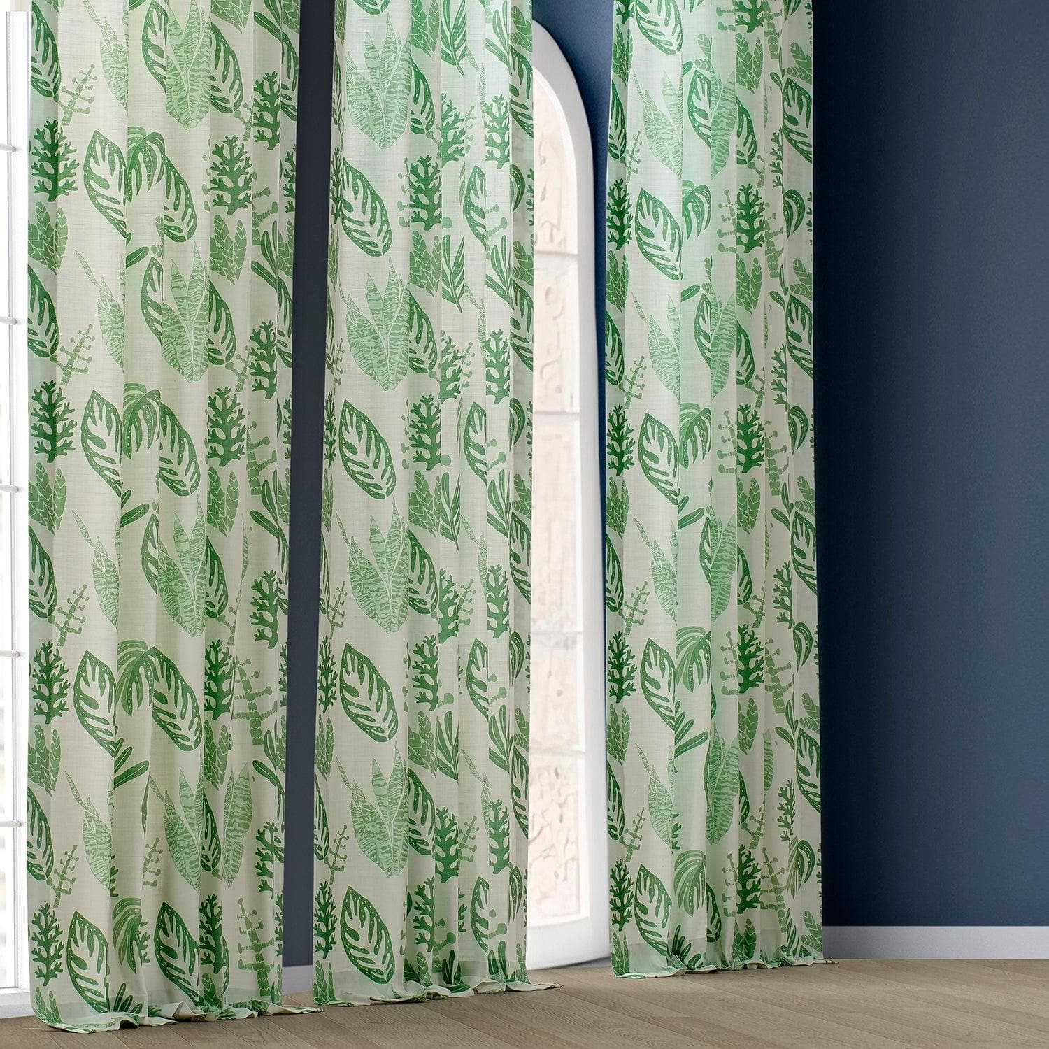 Palm Beach Green Floral Textured Printed Cotton Curtains - Elegant Window Treatments for Living Room, Bedroom & Coastal Home Decor