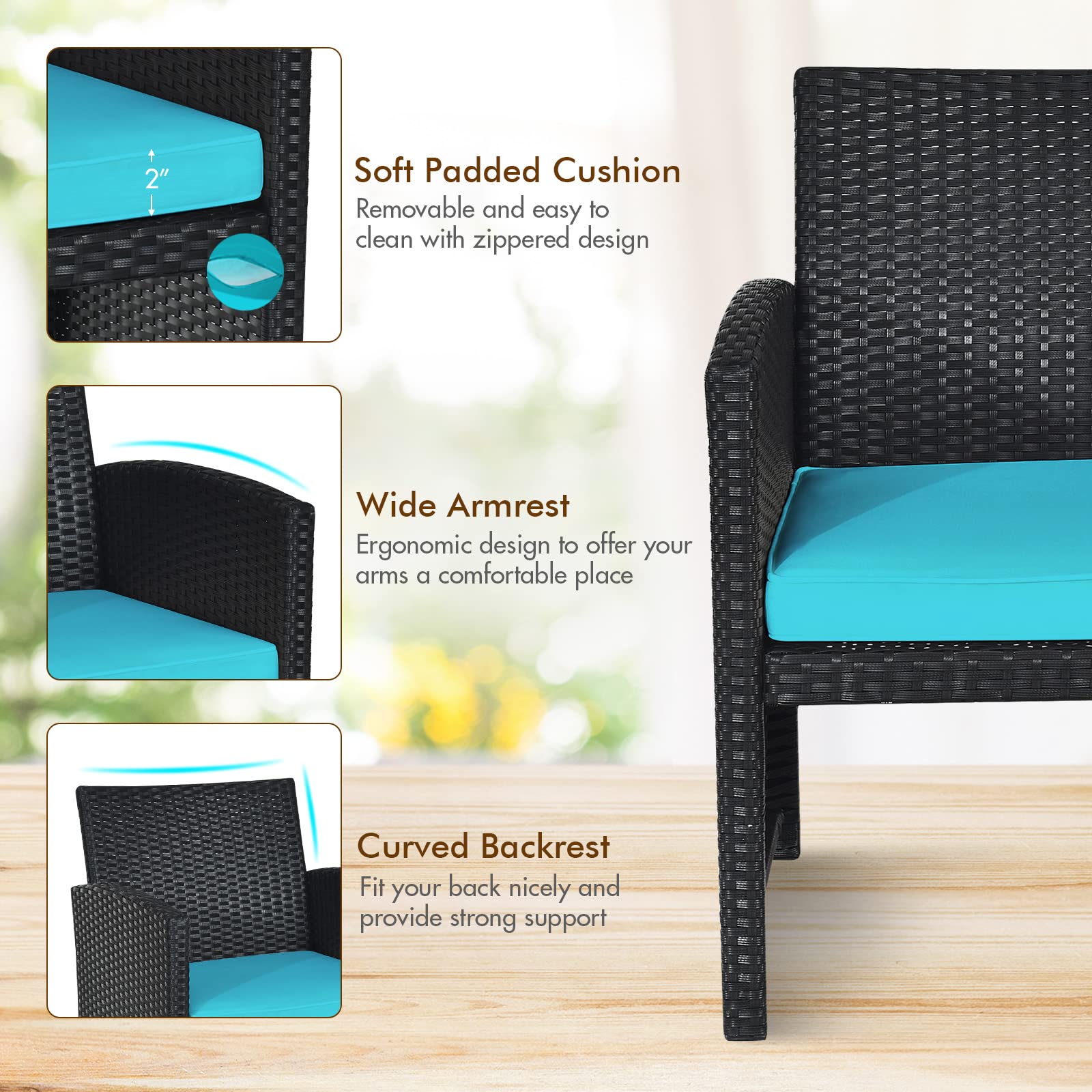 Goplus 4-Piece Rattan Patio Furniture Set - Outdoor Wicker Sofa & Coffee Table with Soft Cushions & Tempered Glass - Turquoise Conversation Set for Balcony, Garden, Backyard, Poolside & Outdoor Entertaining