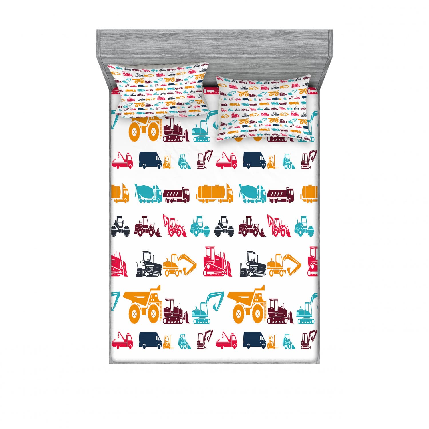 Ambesonne Construction Truck 2-Pack Queen Size Fitted Sheet Set with 4 Pillow Shams - Colorful Heavy Equipment Bedding Decor for Boys Room, Kids Bedroom & Dorm - 2 Fitted Sheets + 4 Pillow Covers Multicolor Design