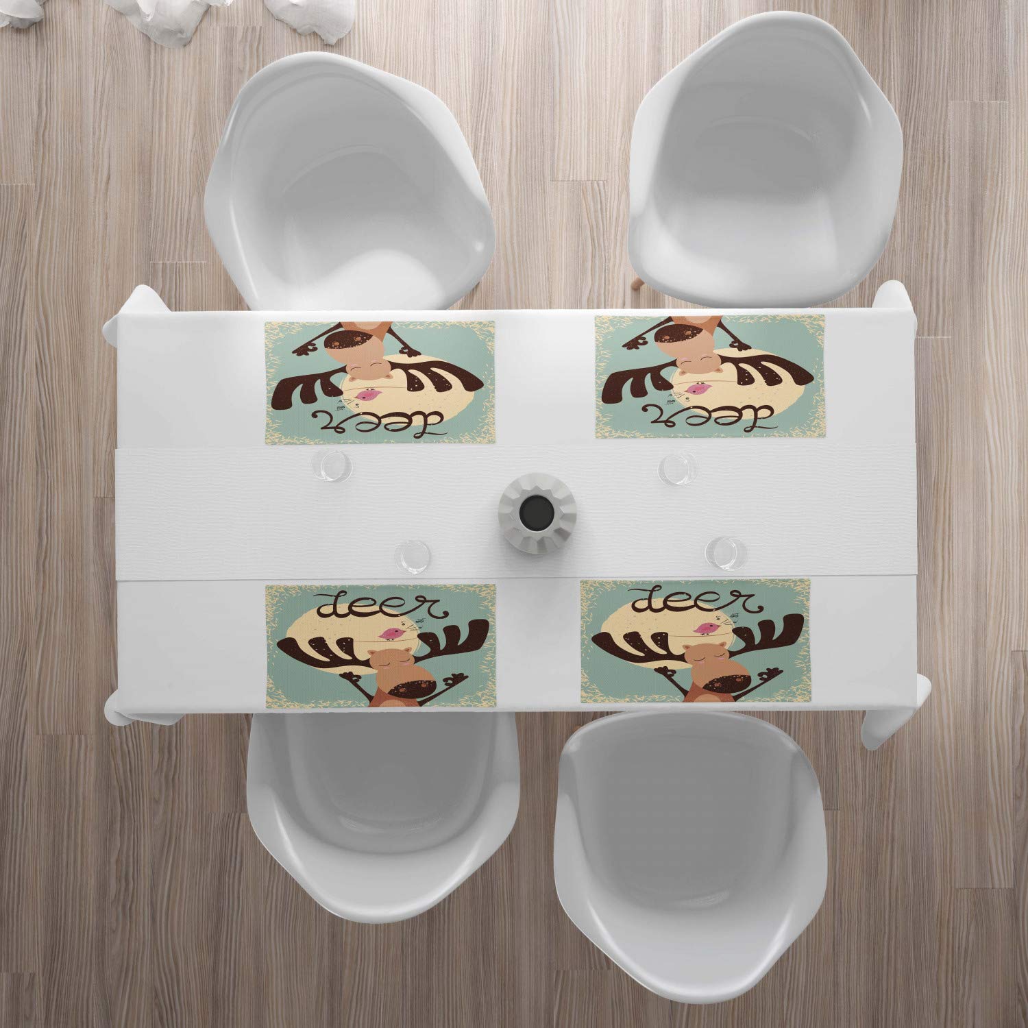 Ambesonne 4-Piece Deer Hunting Placemats Set - Cute Cartoon Reindeer & Singing Bird Design - Washable Fabric Table Mats for Dining Room & Kitchen Decor in Pale Seafoam Brown & Rust - Perfect for Holiday Dinners, Thanksgiving Decor & Rustic Home Styling